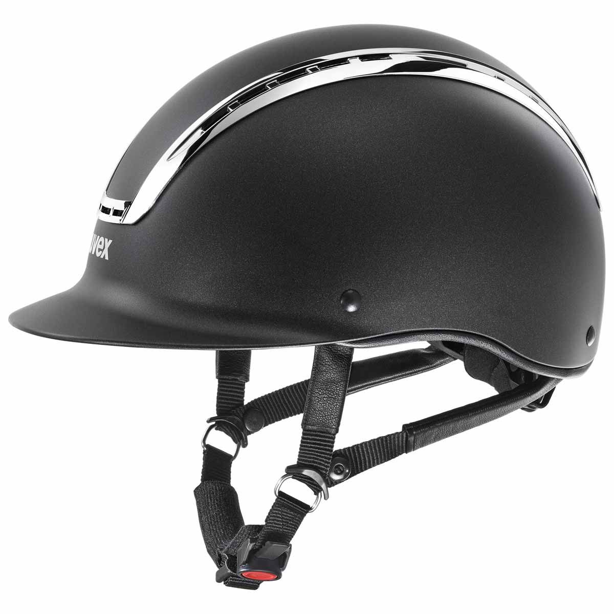Casque d'équitation Uvex SUXXEED Chrome, coque rigide élégante avec bord chromé, vue de côté