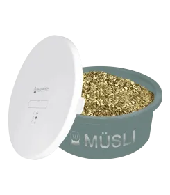 Runder Napf mit Deckel, gefuellt mit Muesli, Aufschrift Muesli, graugruen