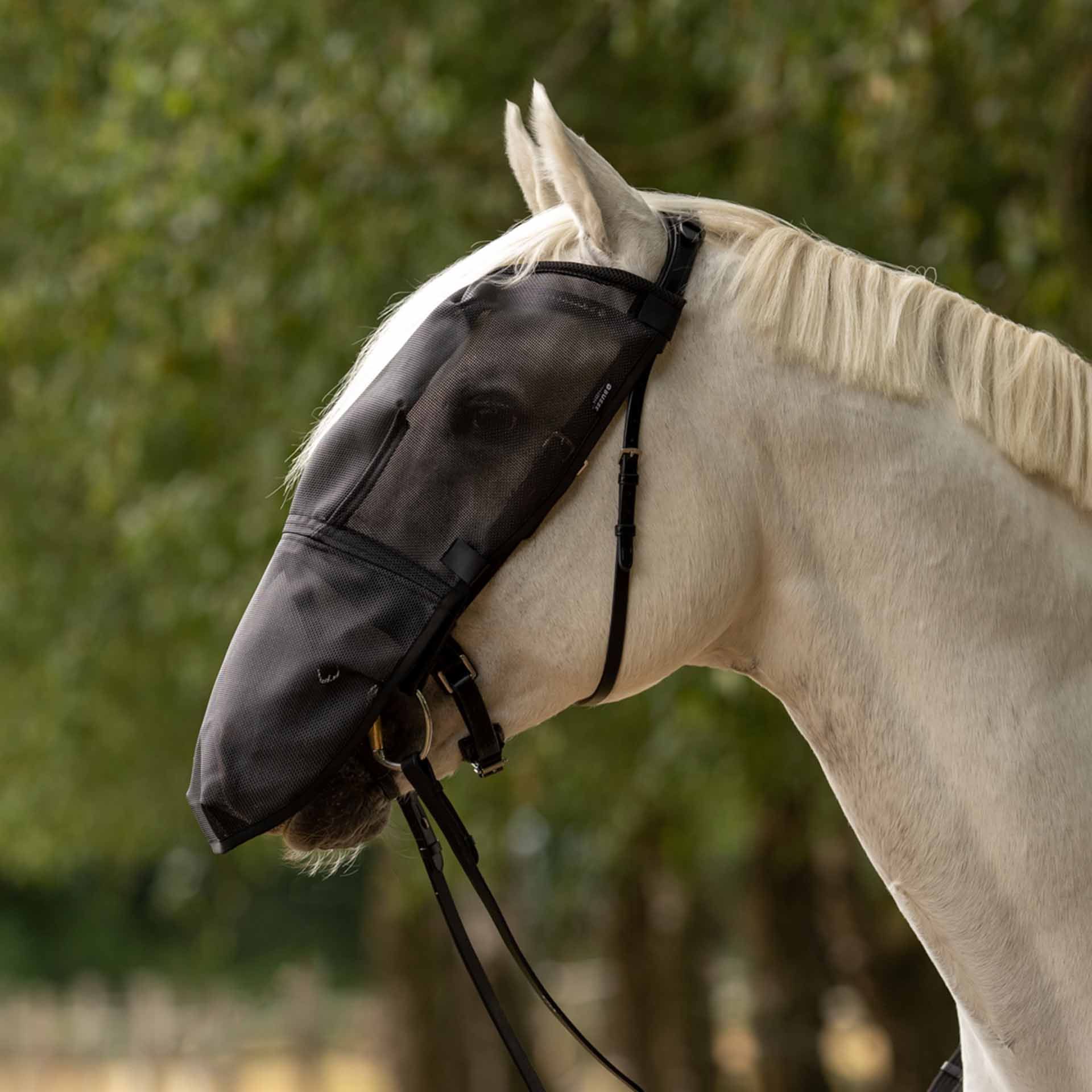 Masque anti-mouches BUSSE RIDING PLUS, protection yeux et naseaux, en utilisation