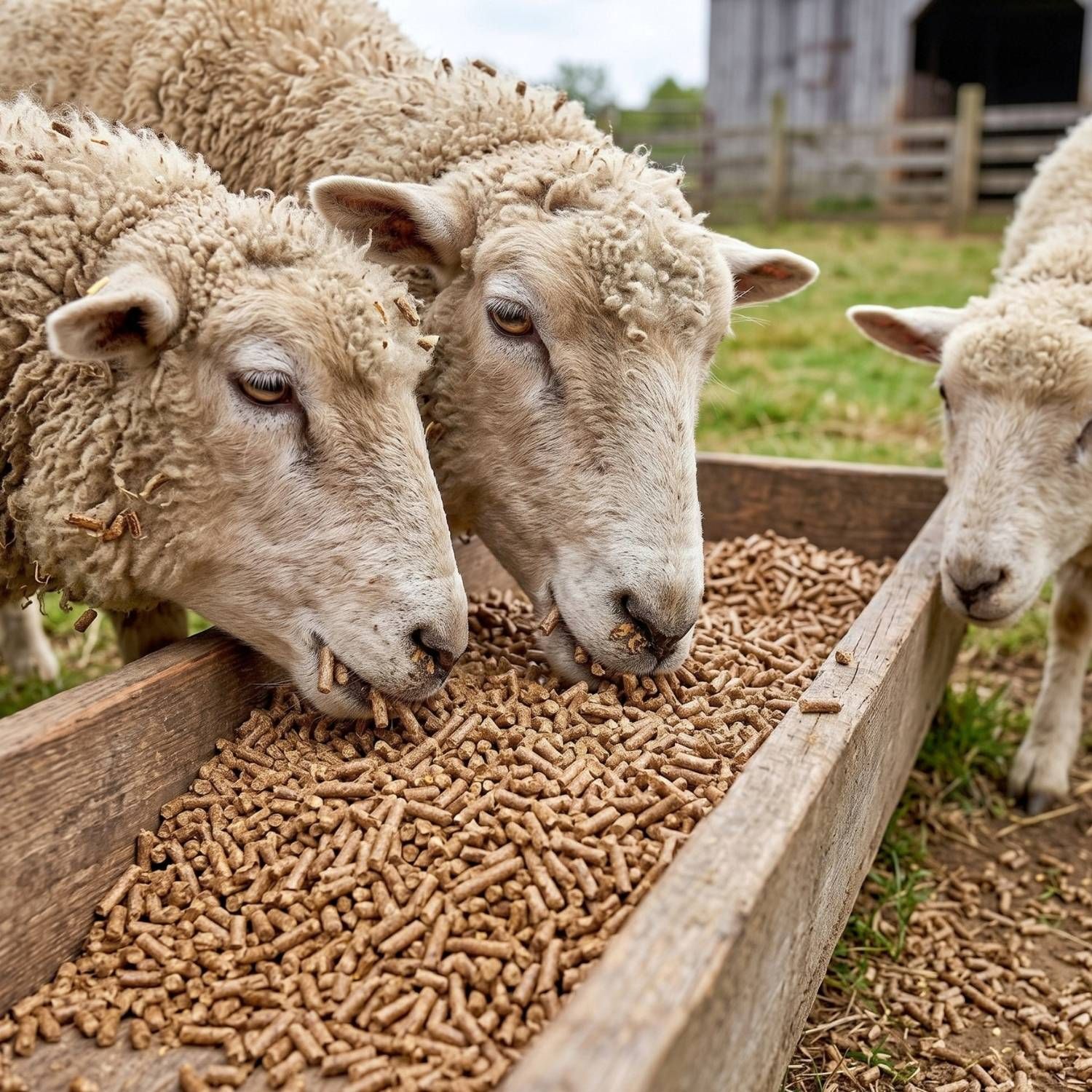 Des moutons mangent des granulés dans une auge en bois au pâturage