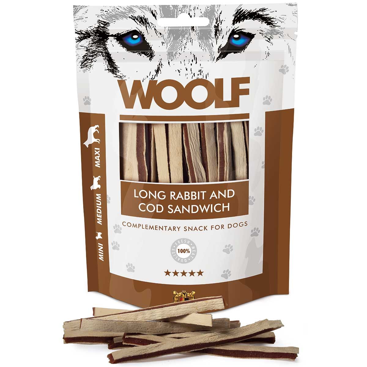 Woolf Hundeleckerli Sandwich au lapin et à la morue