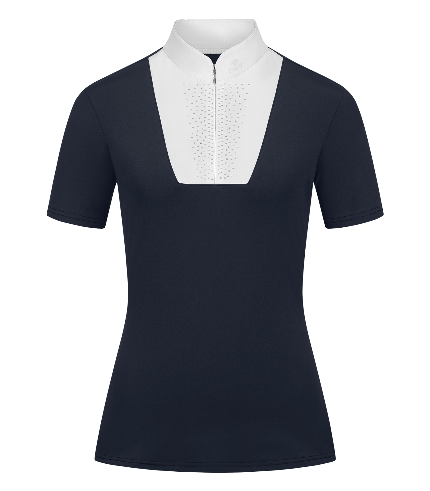 Turniershirt dunkelblau mit weissem Latz, Stehkragen und Strasssteinen, kurzarm