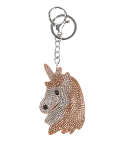 Schlüsselanhänger mit Einhornkopf, besetzt mit glitzernden Strasssteinen in Roségold