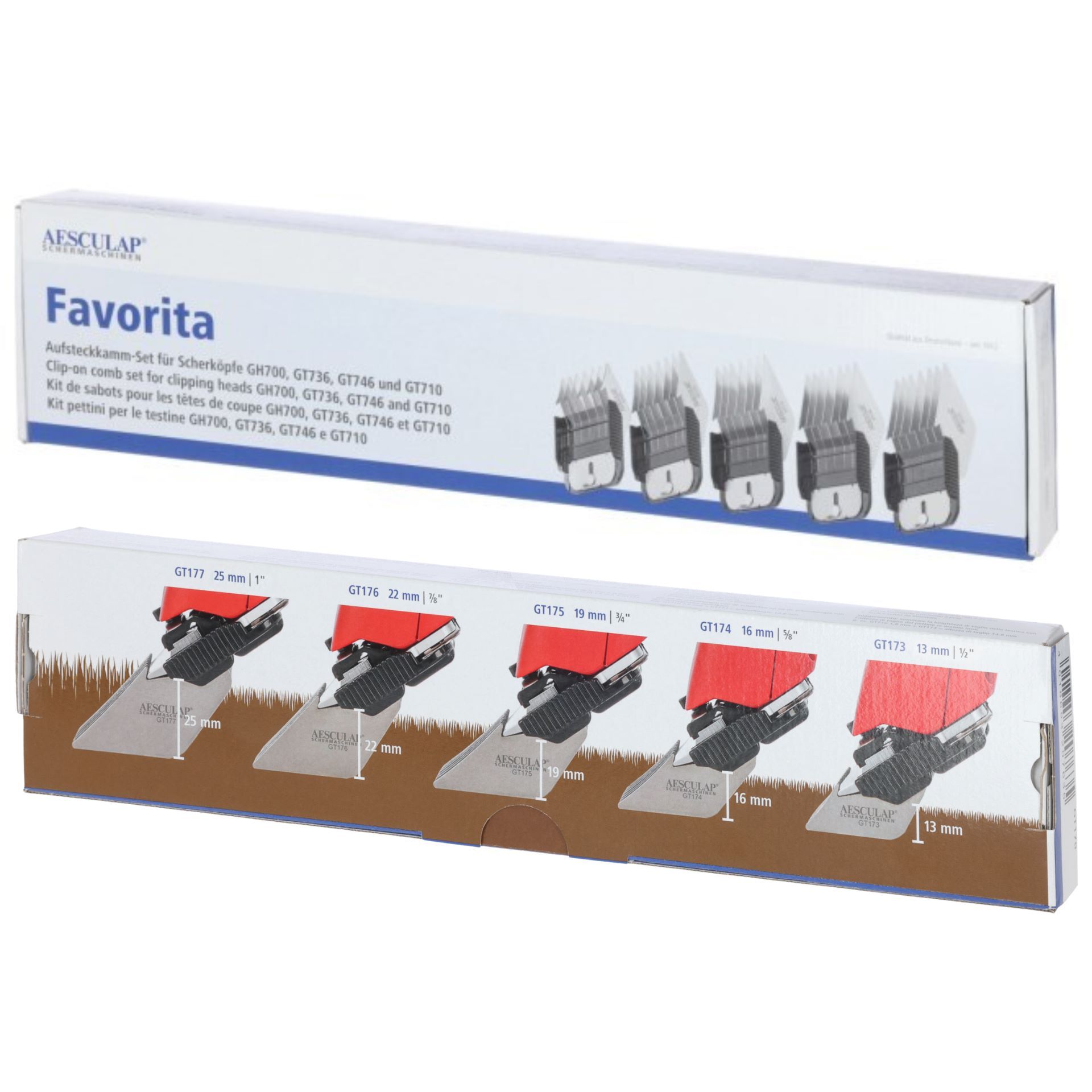 Verpackung mit fünf Aufsteckkämmen für Schermaschinen, Aesculap Favorita