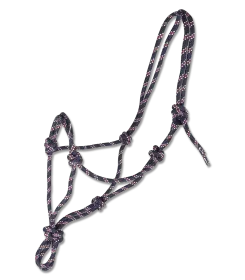 Strickhalfter aus geknoteten Seilen in Dunkel mit rosa Akzenten
