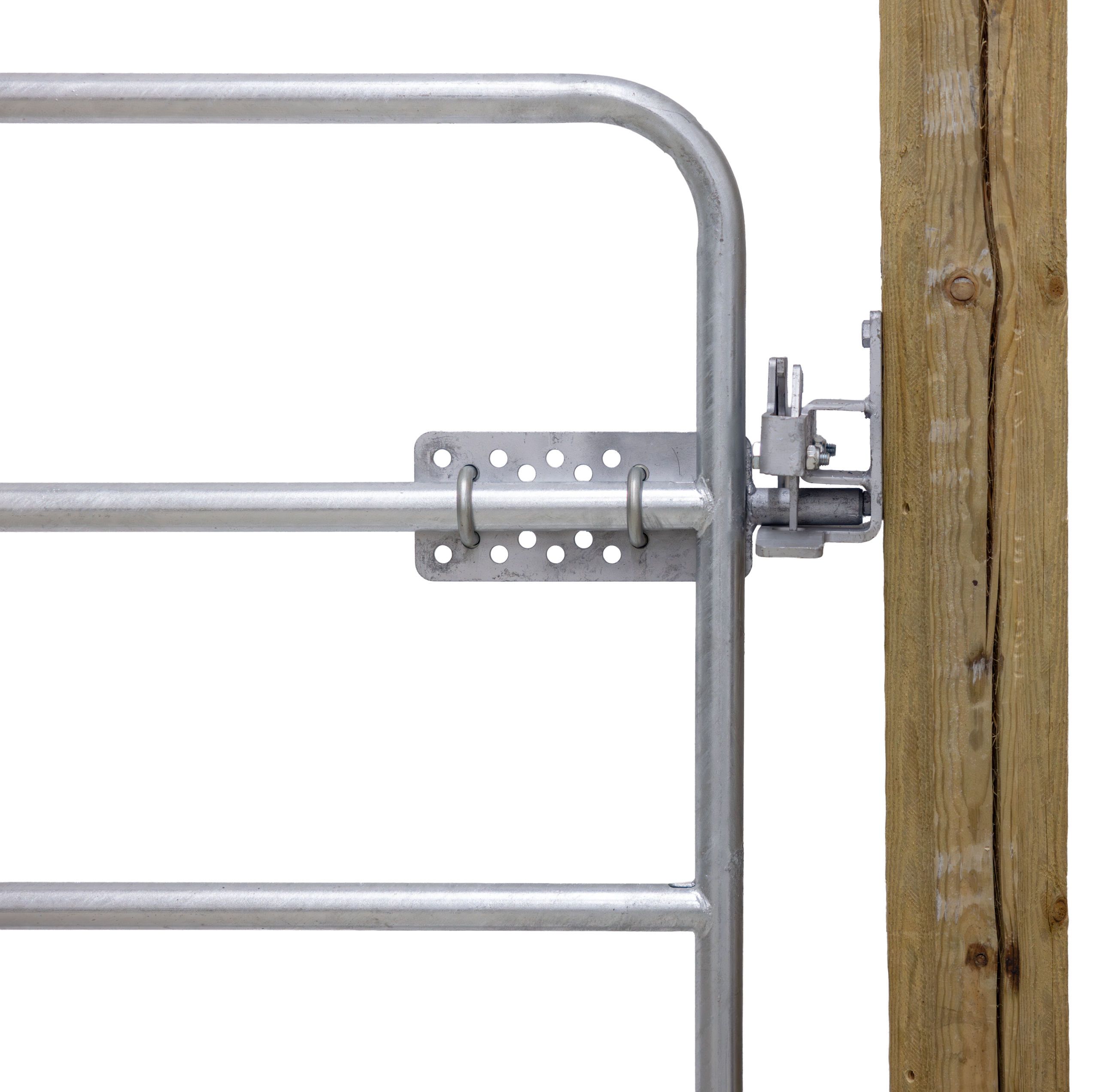 metal gate, galvanized metal, hinge mechanism, post mount, wood post