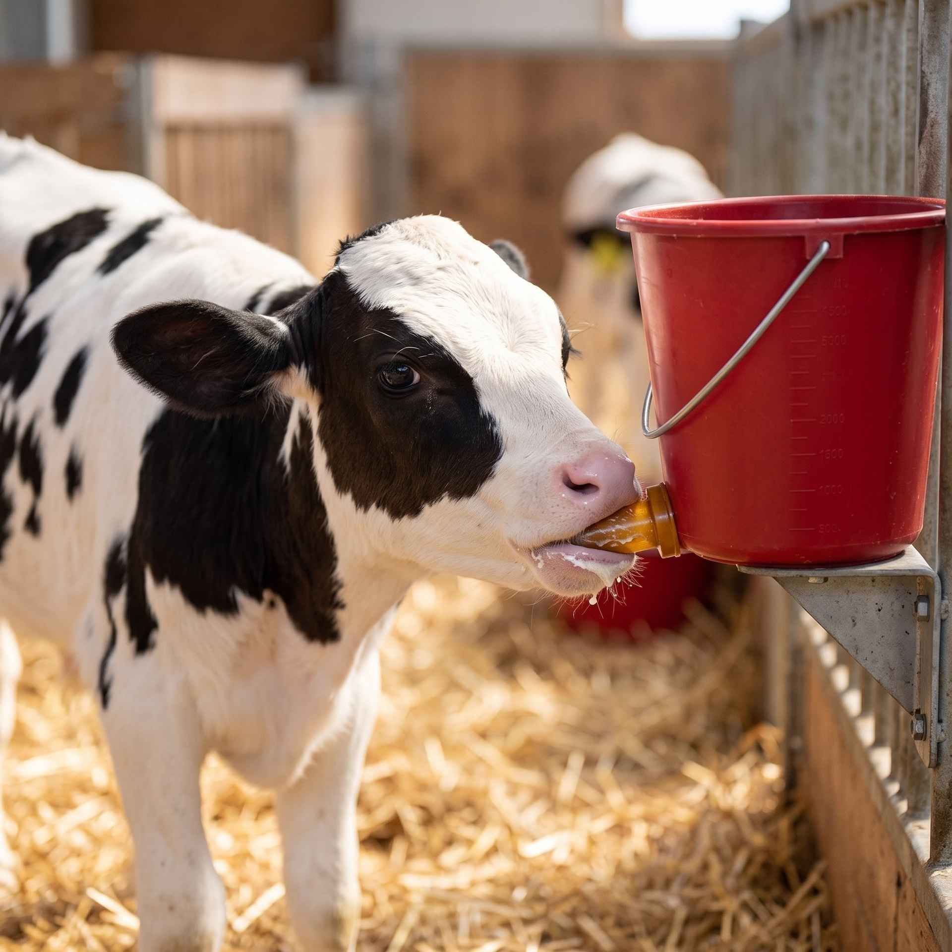 cow, calf, feeding, bucket, farm