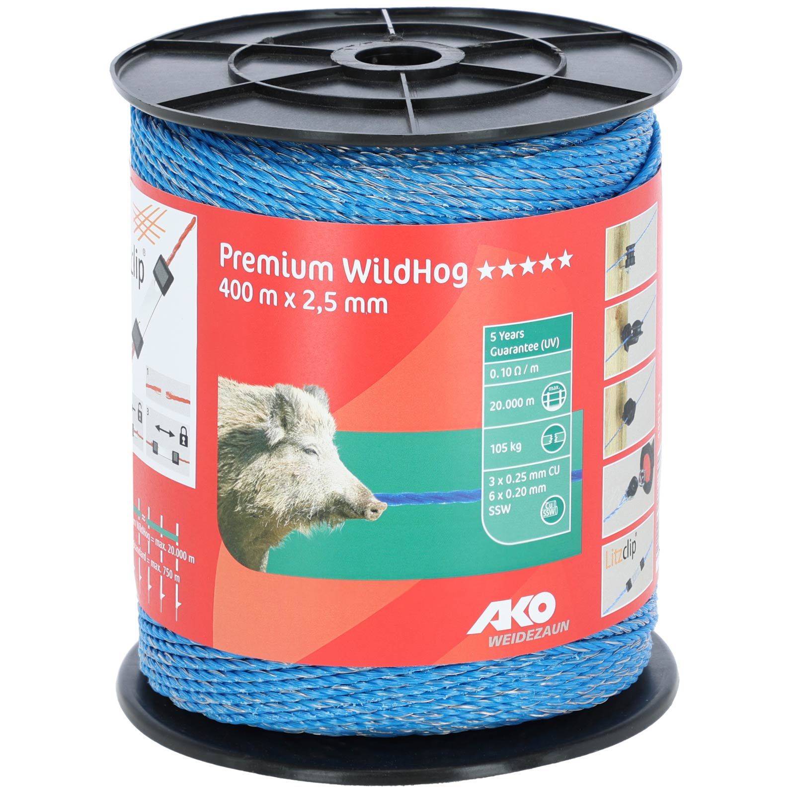 Ako Weidezaunlitze Premium WildHog 400m, 3x0.20 Edelstahl, 6x0.25 Kupfer blau
