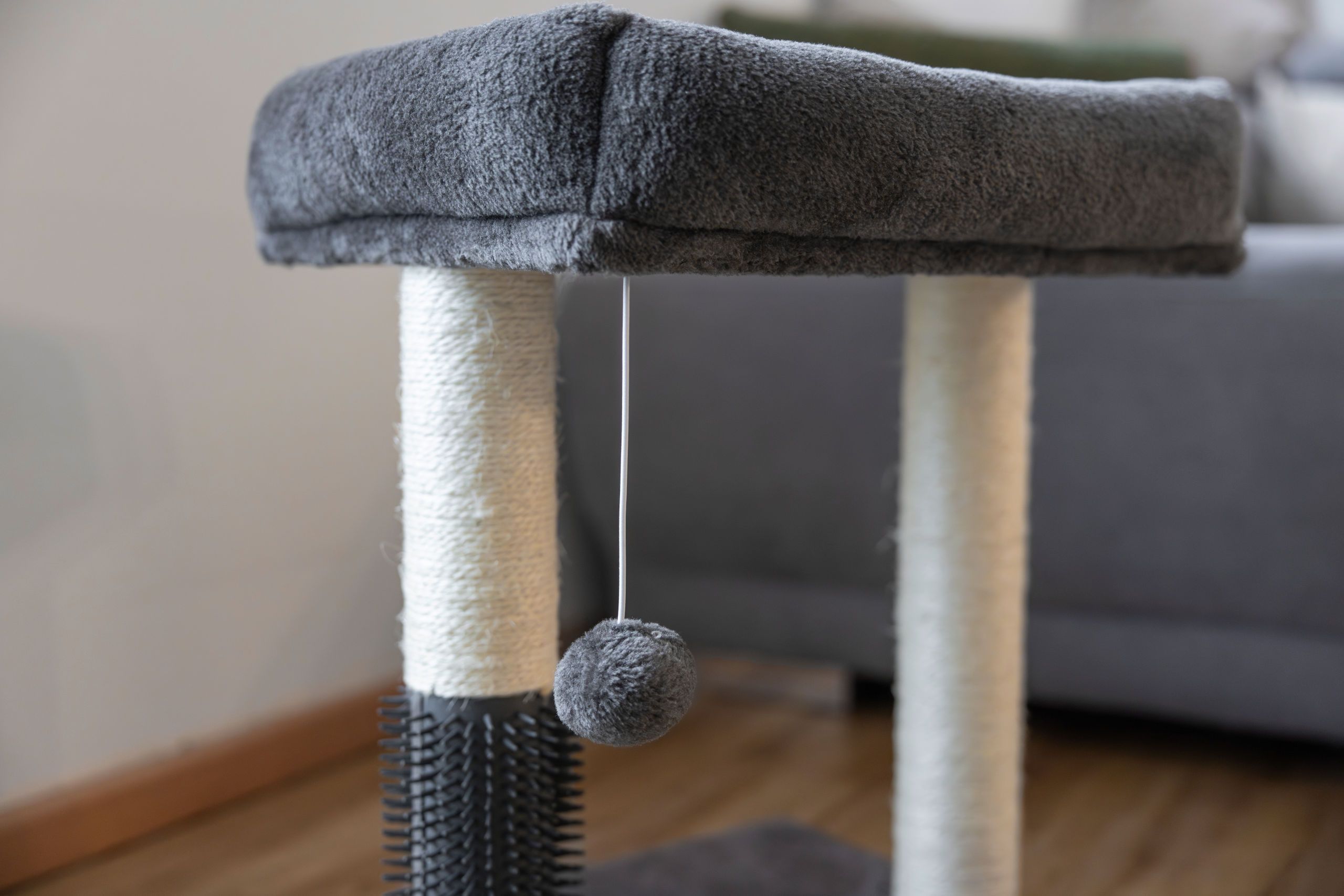 cat tree, scratching post, gray, carpeted, ball toy