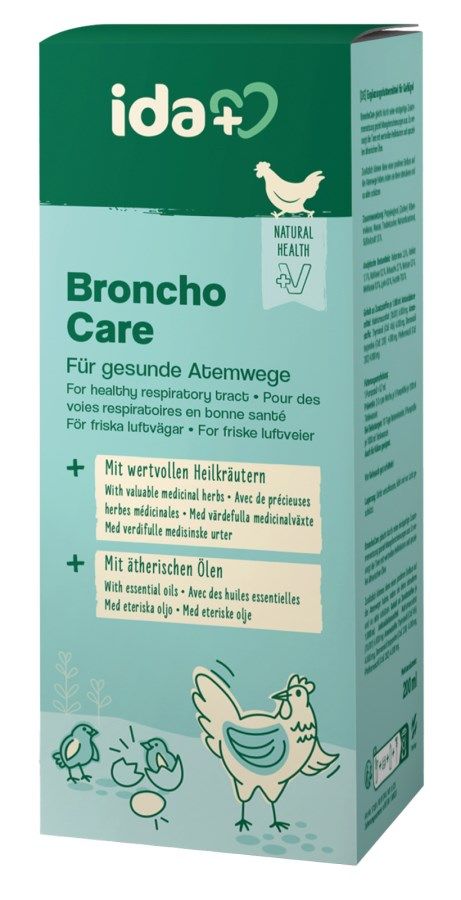 Broncho Care, Herbal extracts, Oil-based, Blue-green packaging, Chicken illustration
