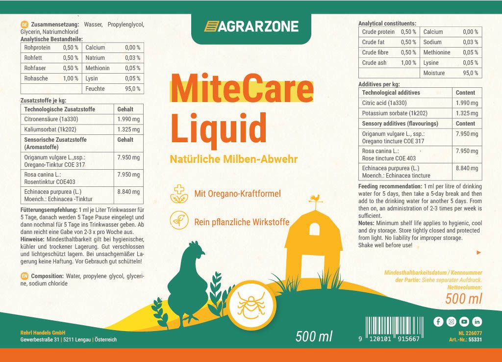 Agrarzone MiteCare Liquid flytande kompletteringsfoder med oregano, 500 ml