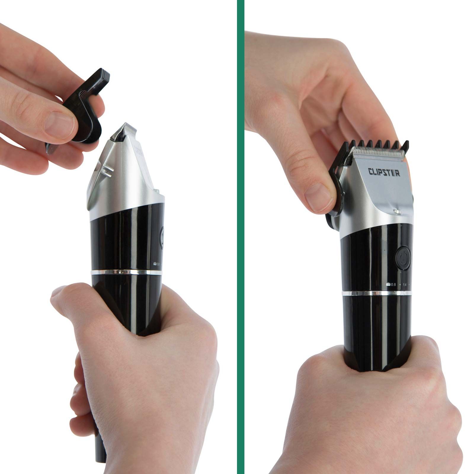 Tosatrice a batteria Clipster DeloX per tosatura di dettaglio, esempio di applicazione, in mano