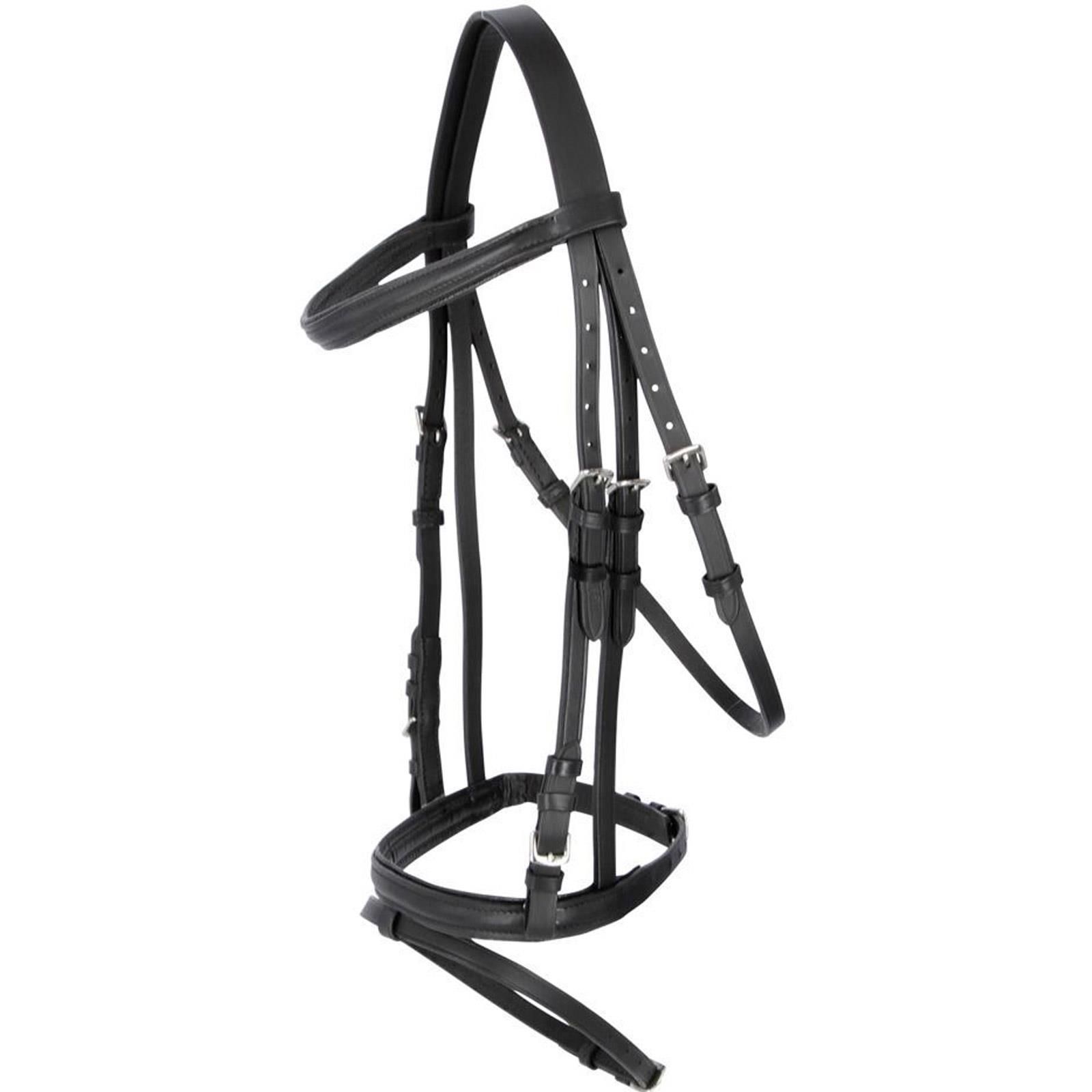 Bridon Covalliero Standard en cuir avec muserolle, cousu main, rênes incluses, marron, Pony