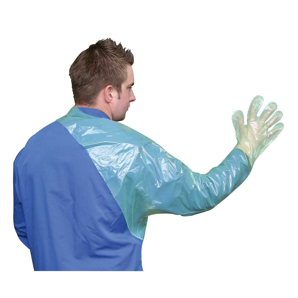 Gant jetable Kerbl VETtop avec protection épaule, 120 cm, 50 pièces, en utilisation