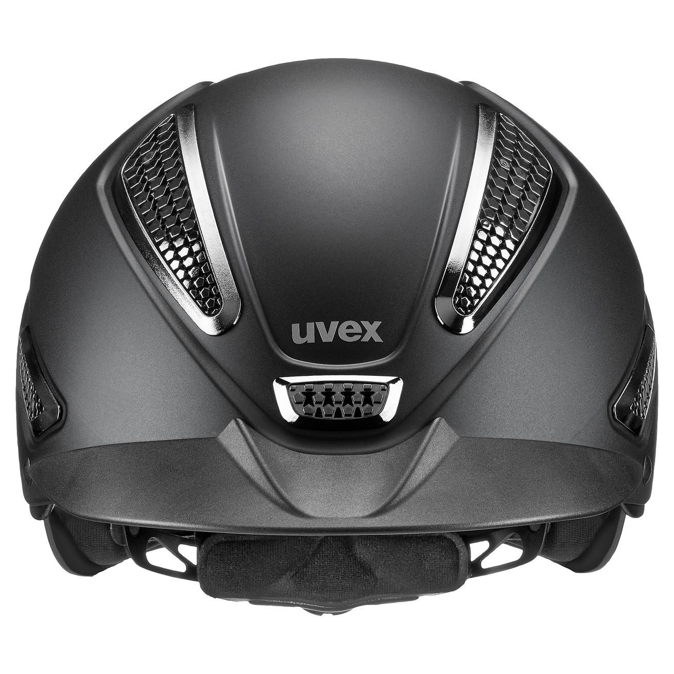 casque d'équitation uvex perfexxion III chrome, noir mat, vue de face