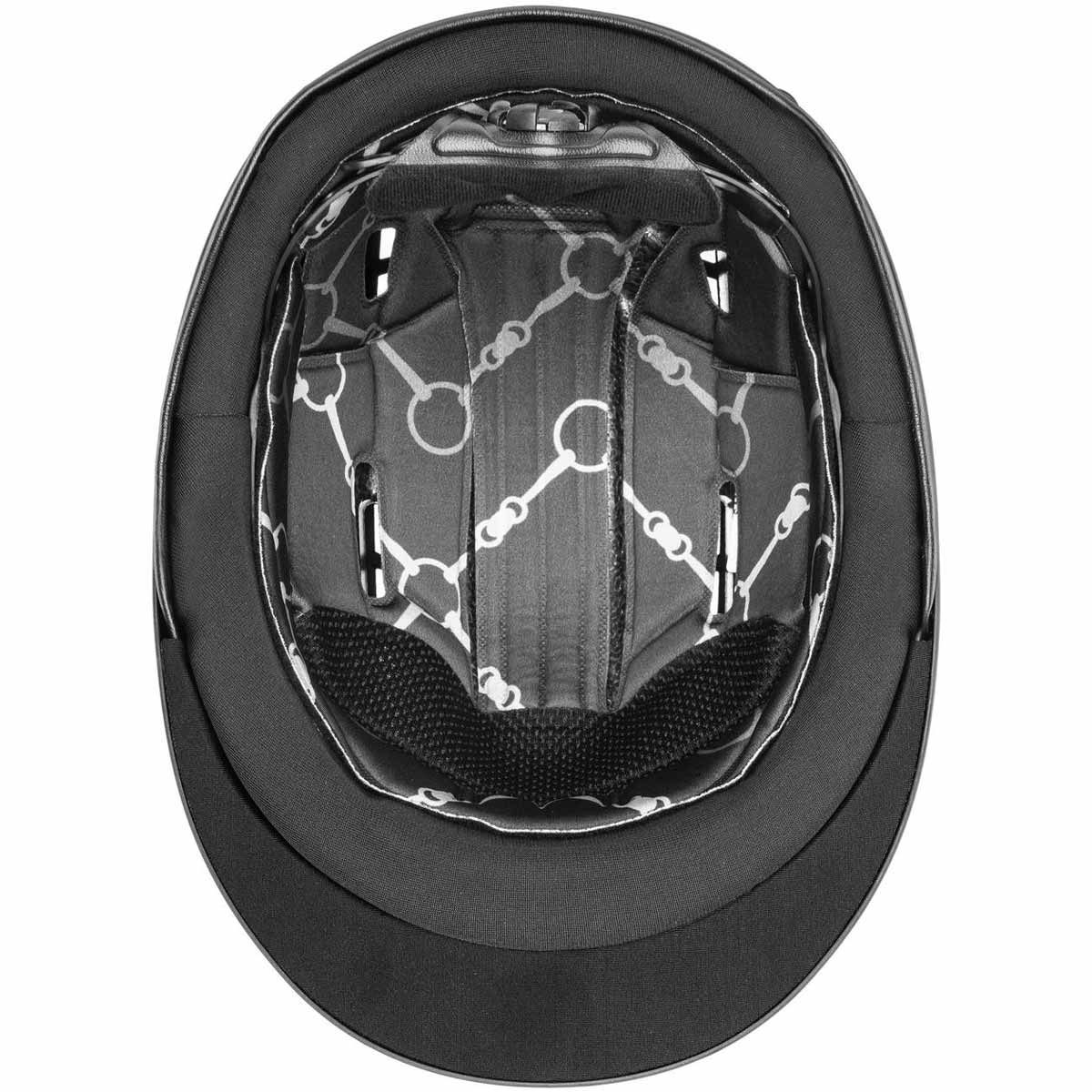 uvex suxxeed chrome riding helmet, elegant hardshell helmet with chrome frame, detail view, feed