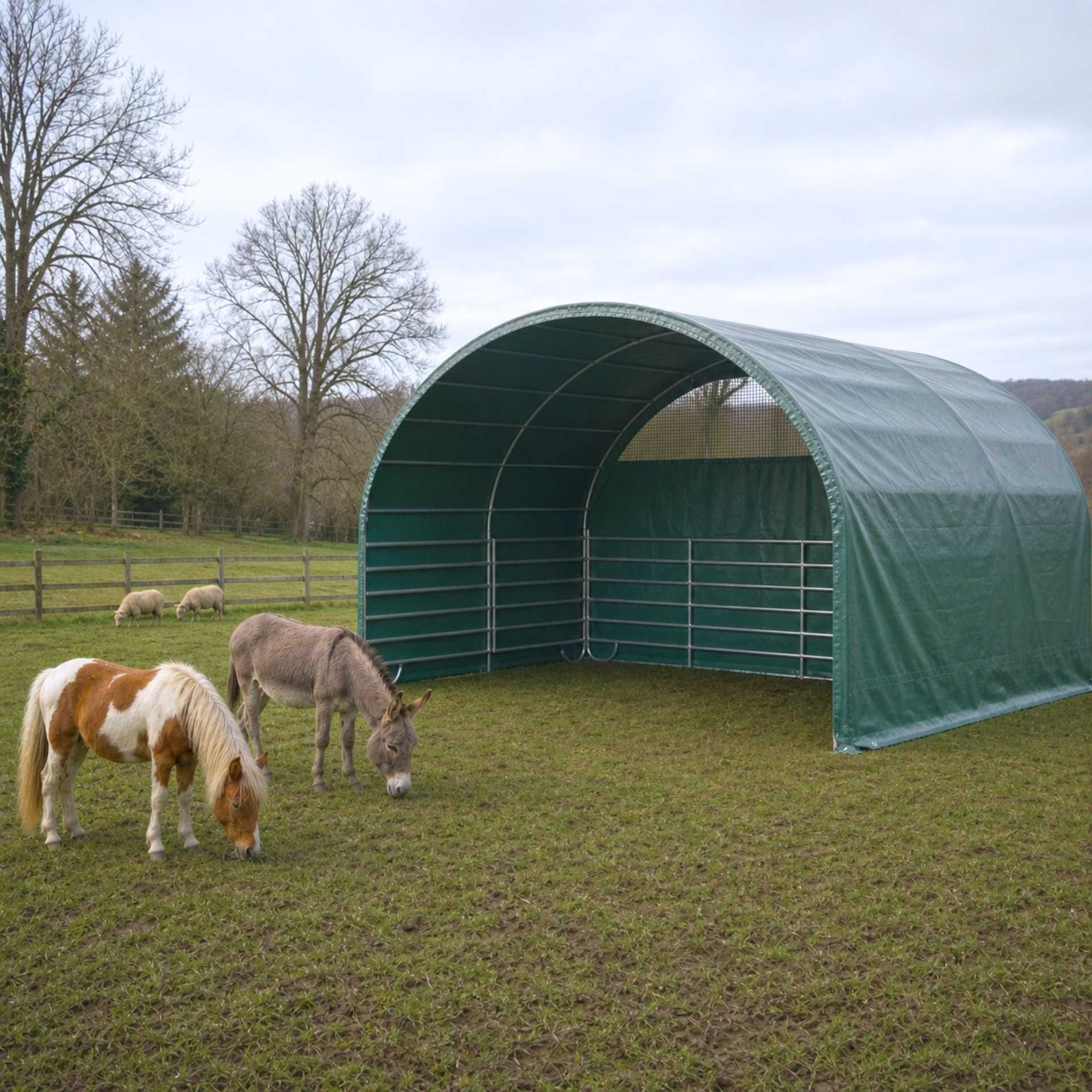 pferdeunterstand, tragbarer stall, bogenunterstand, grünes schutzzelt, tierunterstand