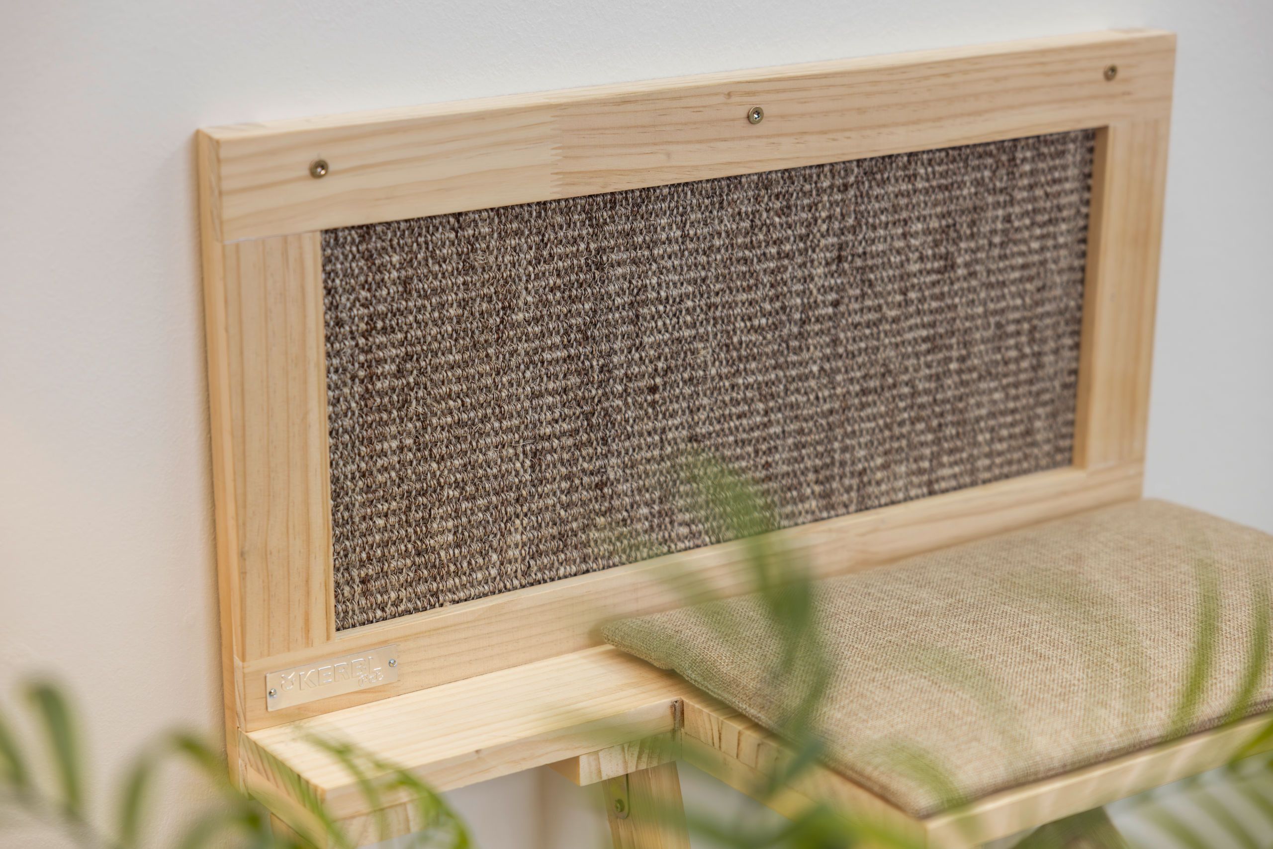 wooden frame, woven back, cushioned seat, brown tone, gallery panel