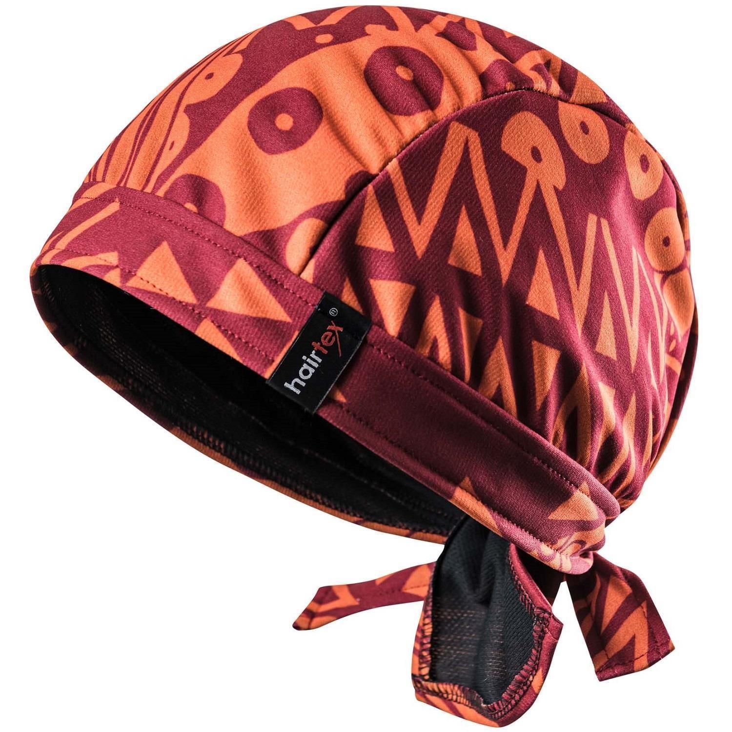 Bandana mit orange-dunkelrotem Zickzackmuster, Aufschrift hairtex am Bund