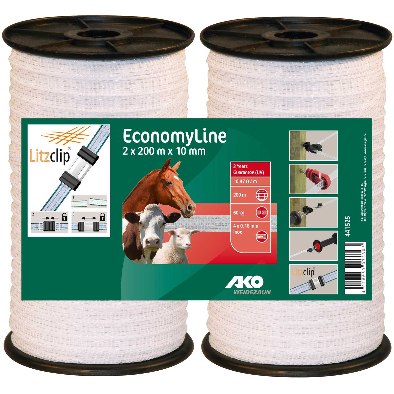 Ako villanypásztor szalag EconomyLine 10 mm, 4x0.16 Niro 400 m, fehér