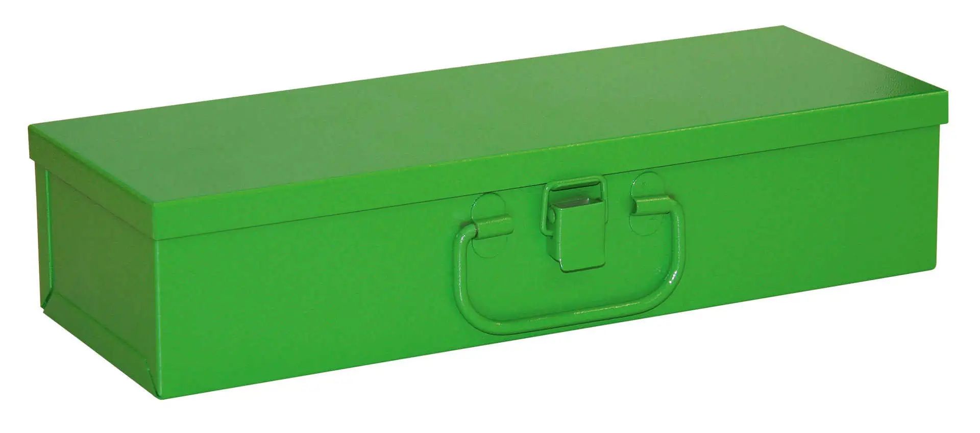 Green rectangular metal case with folding handle and latch