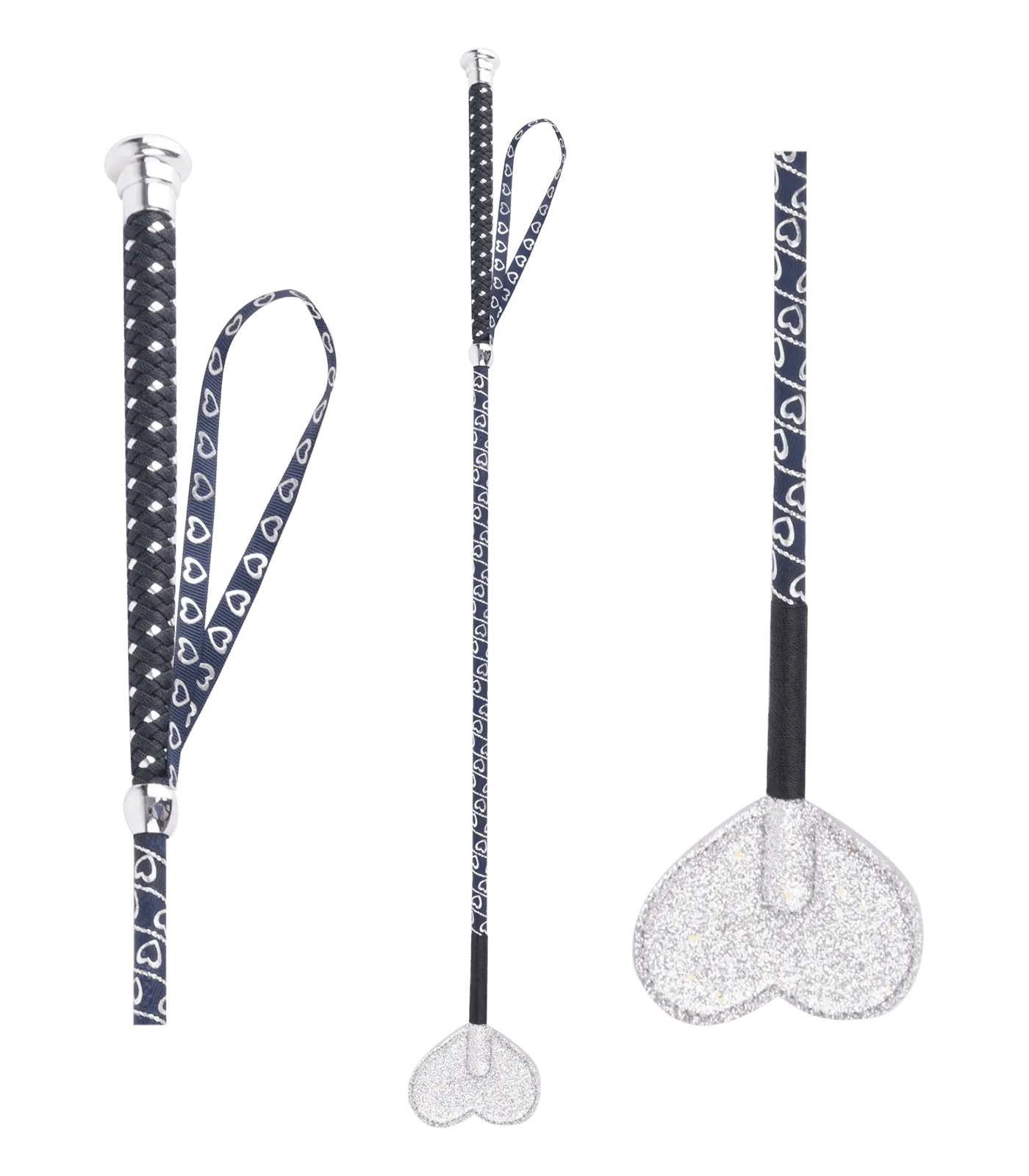 Cravache Enfant Waldhausen avec Claquette à Motif et Dragonne, cœurs bleu nuit