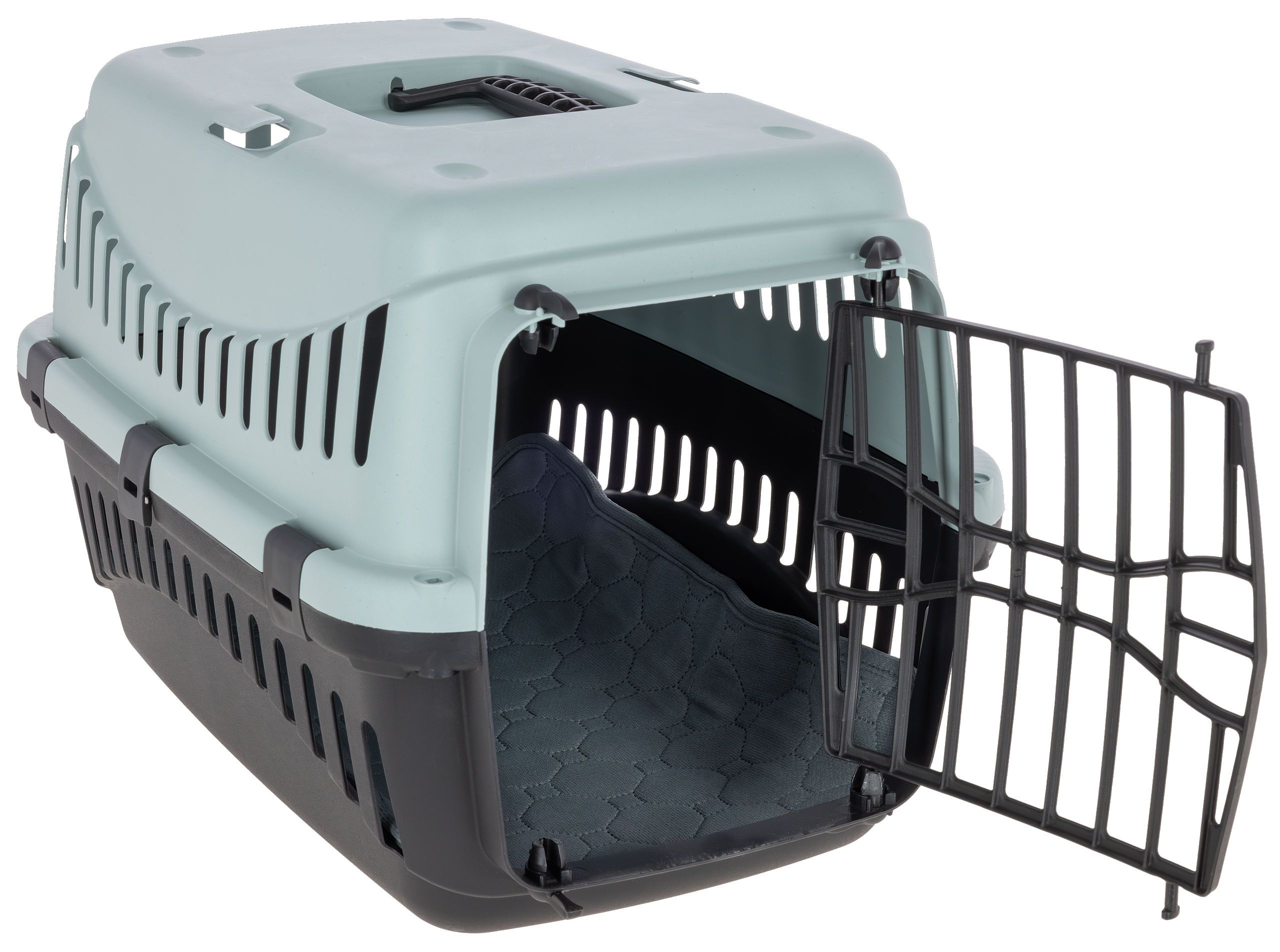 pet carrier, dog crate, travel carrier, carrying cage, vented