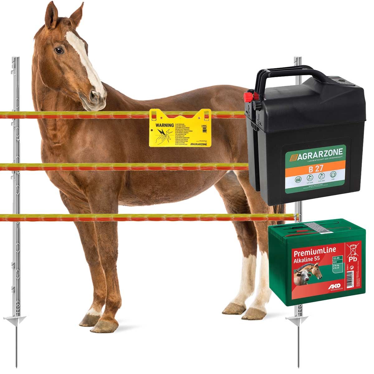 Agrarzone kit recinto elettrico per cavalli B27 a batteria 9V, 0,45J, nastro 250m, in uso