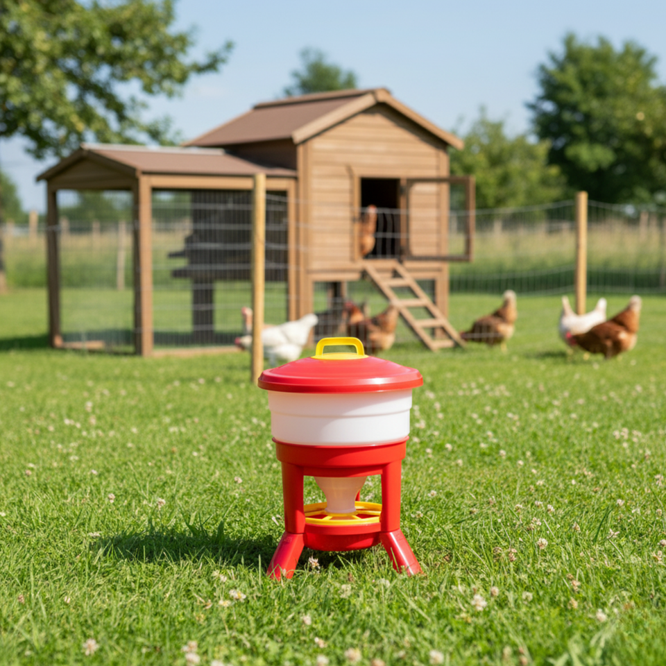 Agrarzone Imperial Poultry Hopper Feeder with Feeding Ring, in use, in the paddock
