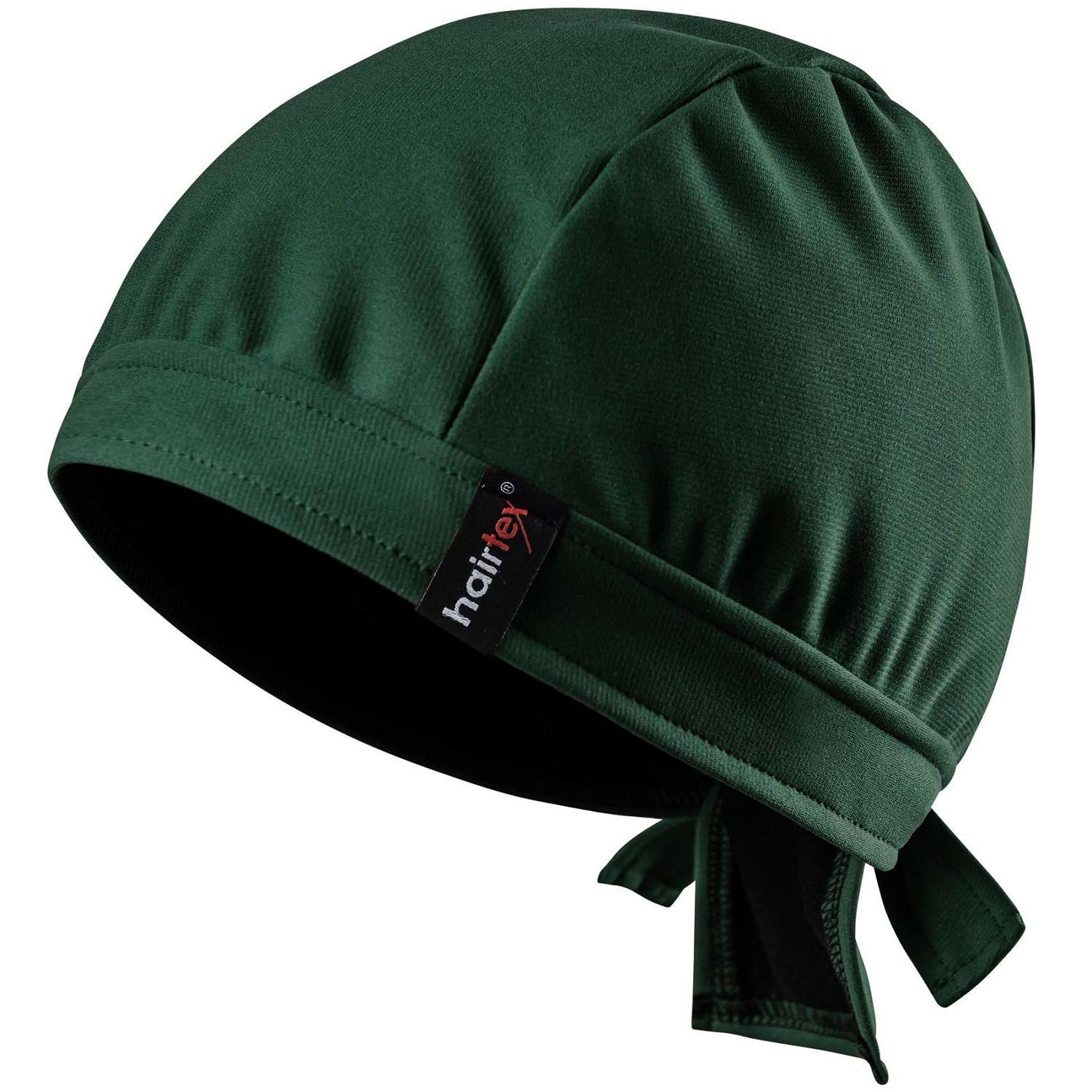 Dunkelgrüne Sturmhaube aus Stoff mit Bindeband, Aufschrift hairtex