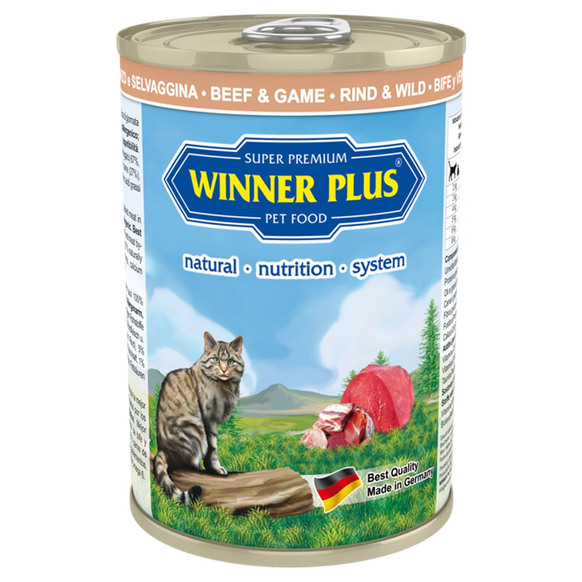 Winner Plus Super Premium Menu Kattmat Nöt- och Vildkött 12x395g, förpackning