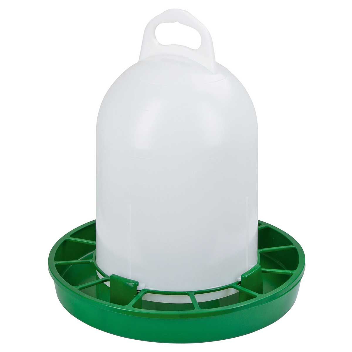 Kerek baromfi itató zöld-fehér műanyagból, hordófüllel