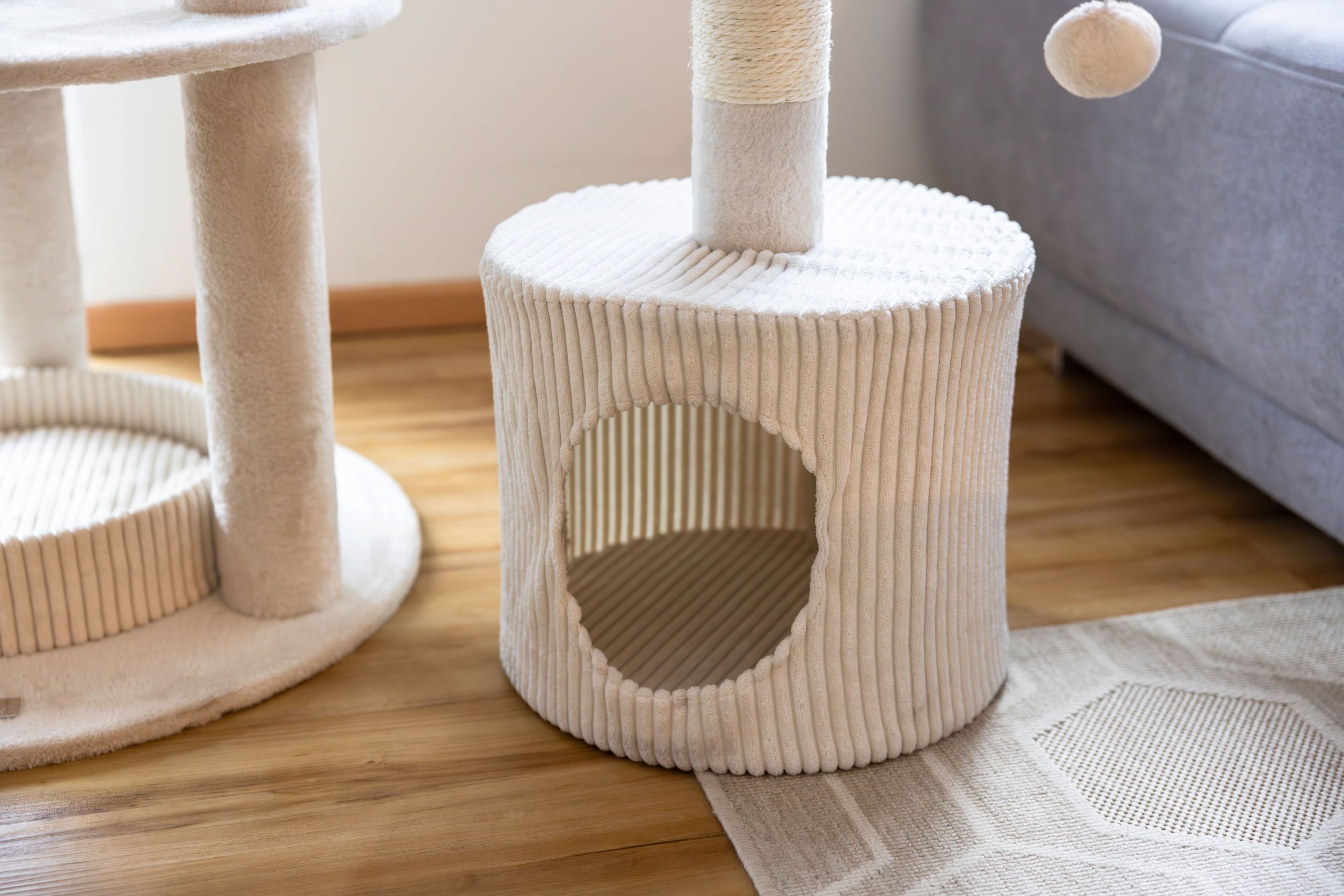 cat tree, cat condo, scratching post, beige, fabric