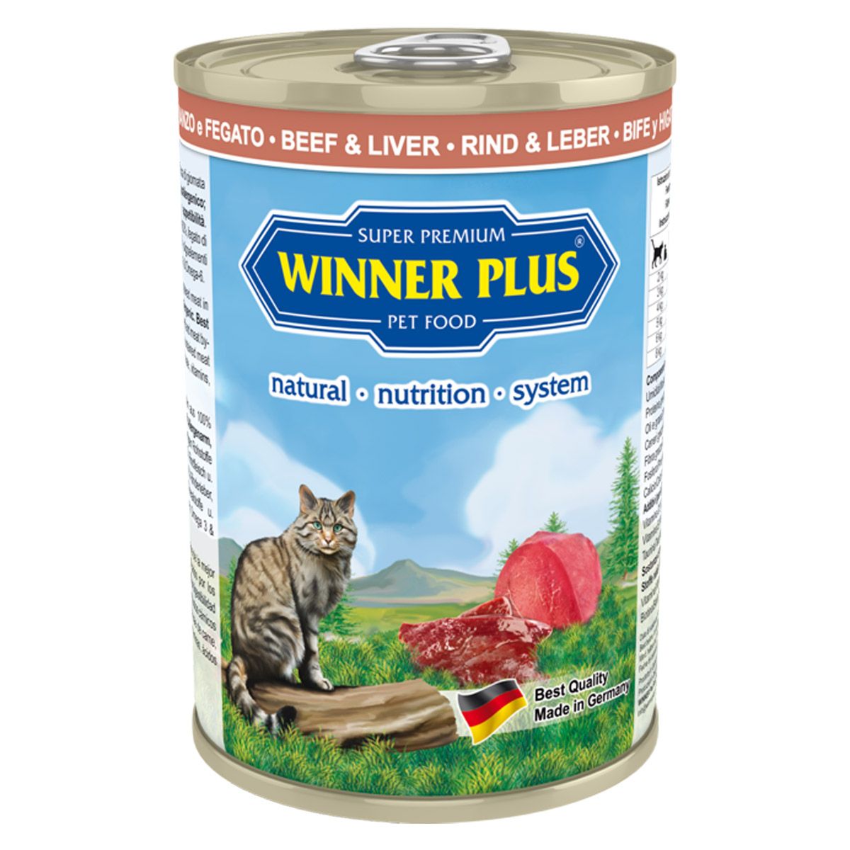 Lattina di cibo per animali Winner Plus manzo e fegato, con gatto e pezzo di carne in etichetta
