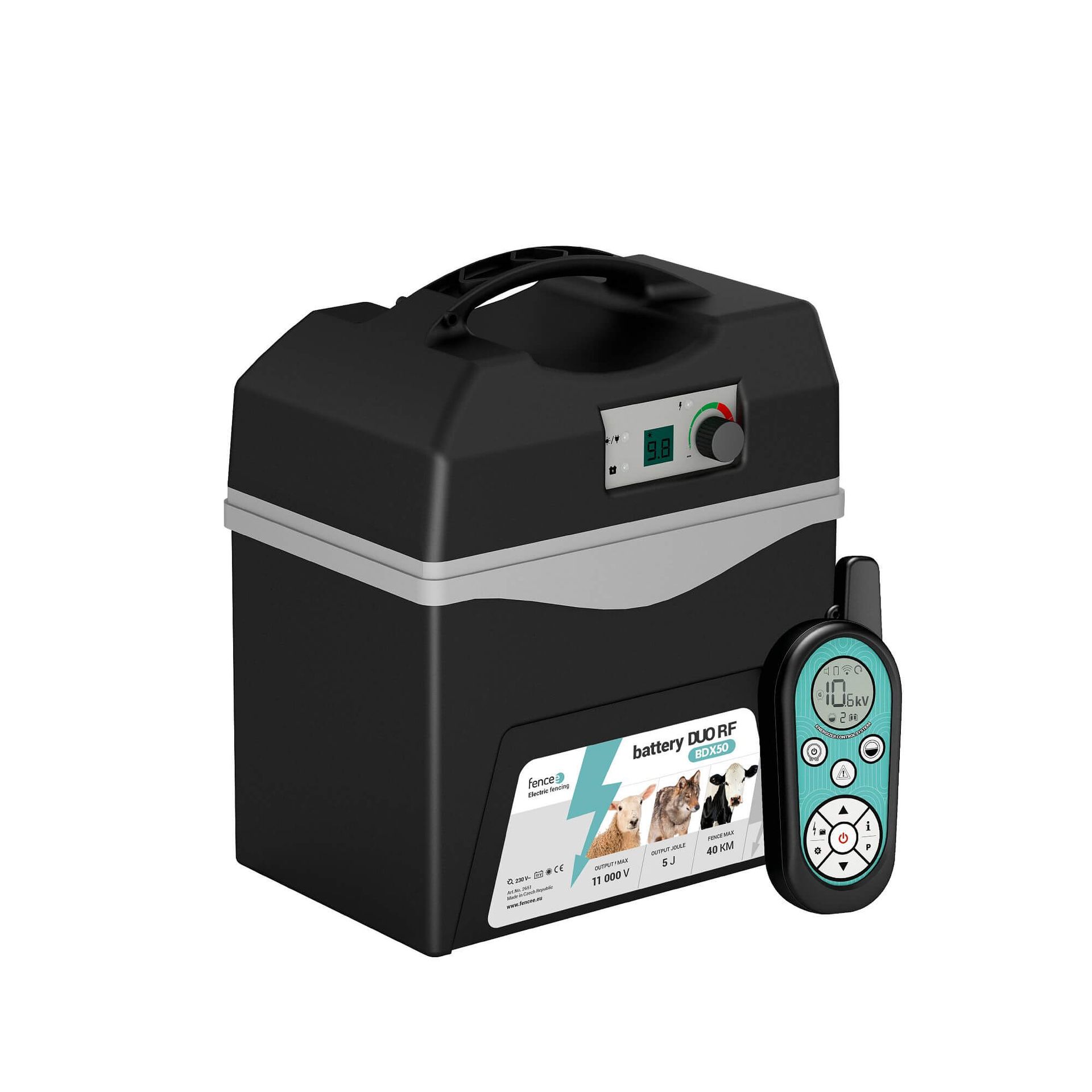 fencee battery BDX50 DUO villanypásztor készülék 12V / 230V, 5 Joule, vezérlővel, a csomag tartalma