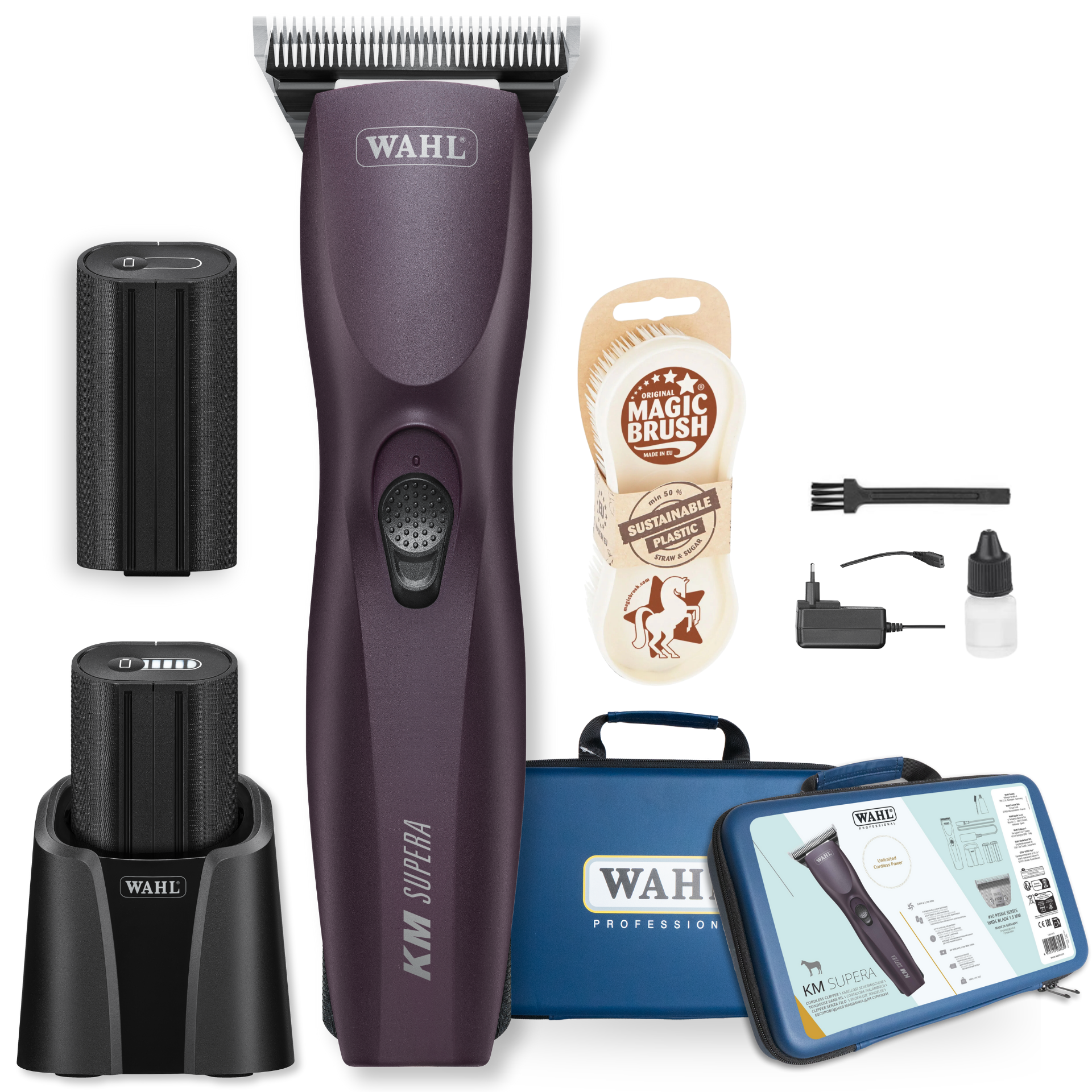 Tosatrice per cavalli Wahl KM Supera con 2 batterie e MagicBrush, contenuto della confezione