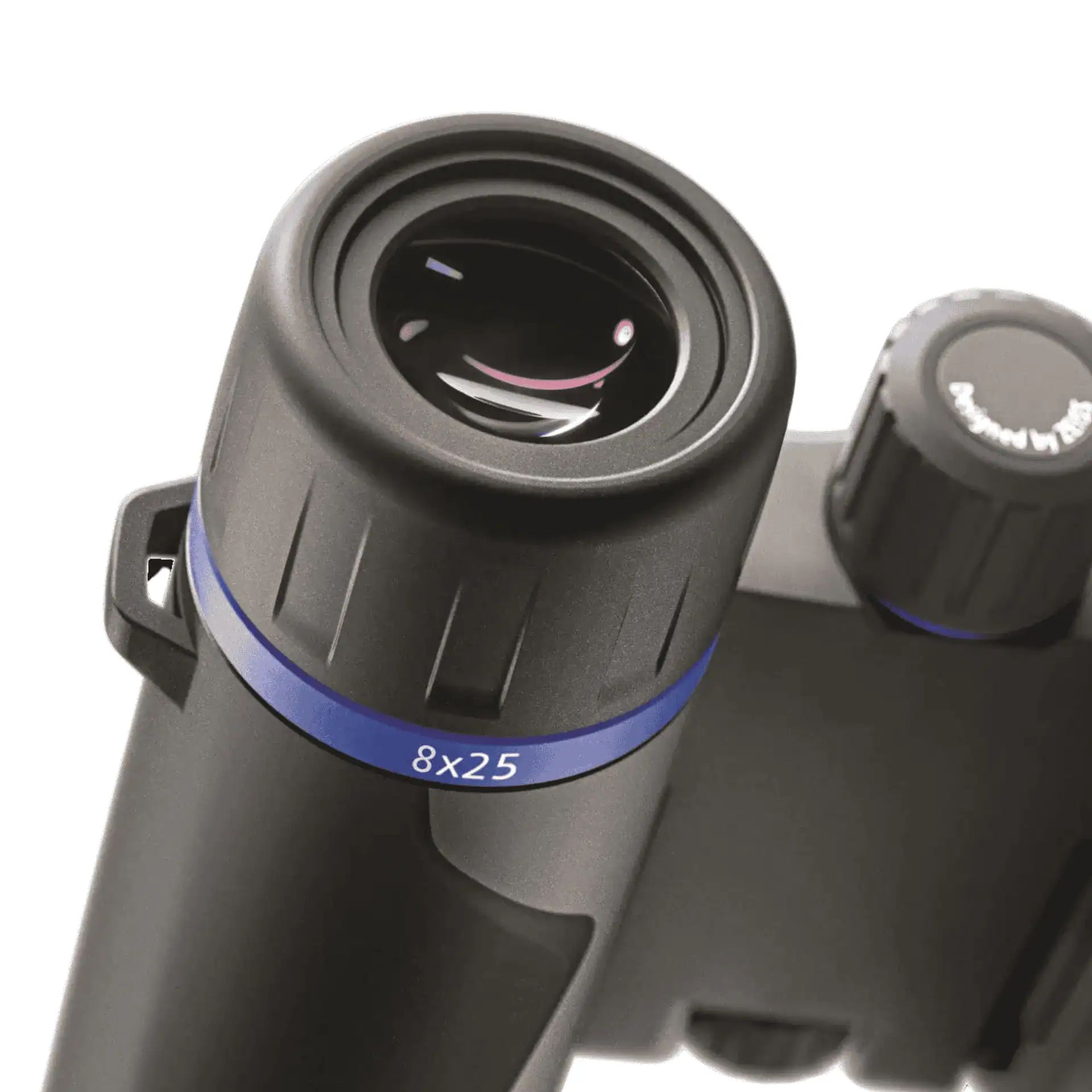Close-up of a binocular lens with blue ring, marked 8x25