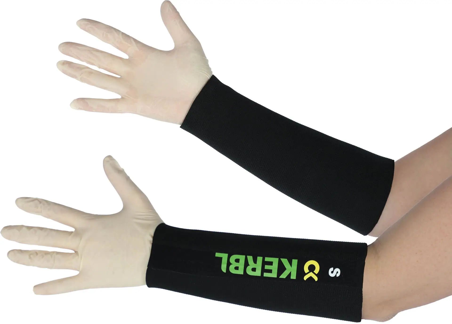 Kerbl Sleeve Protectors, synthetic rubber, waterproof & elastic, sold in pairs, in use, held in hand
