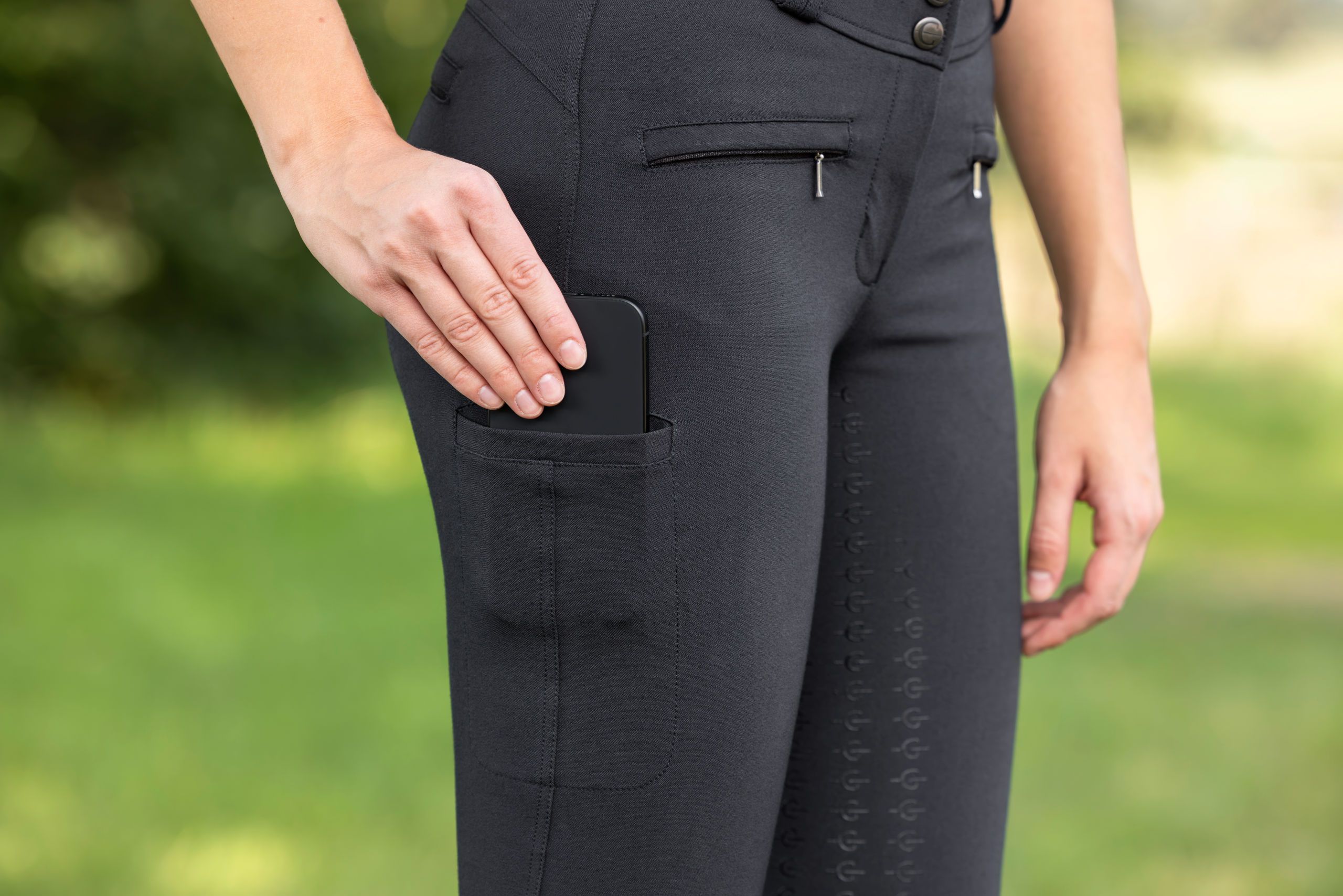 pants, tights, pocket, phone, black