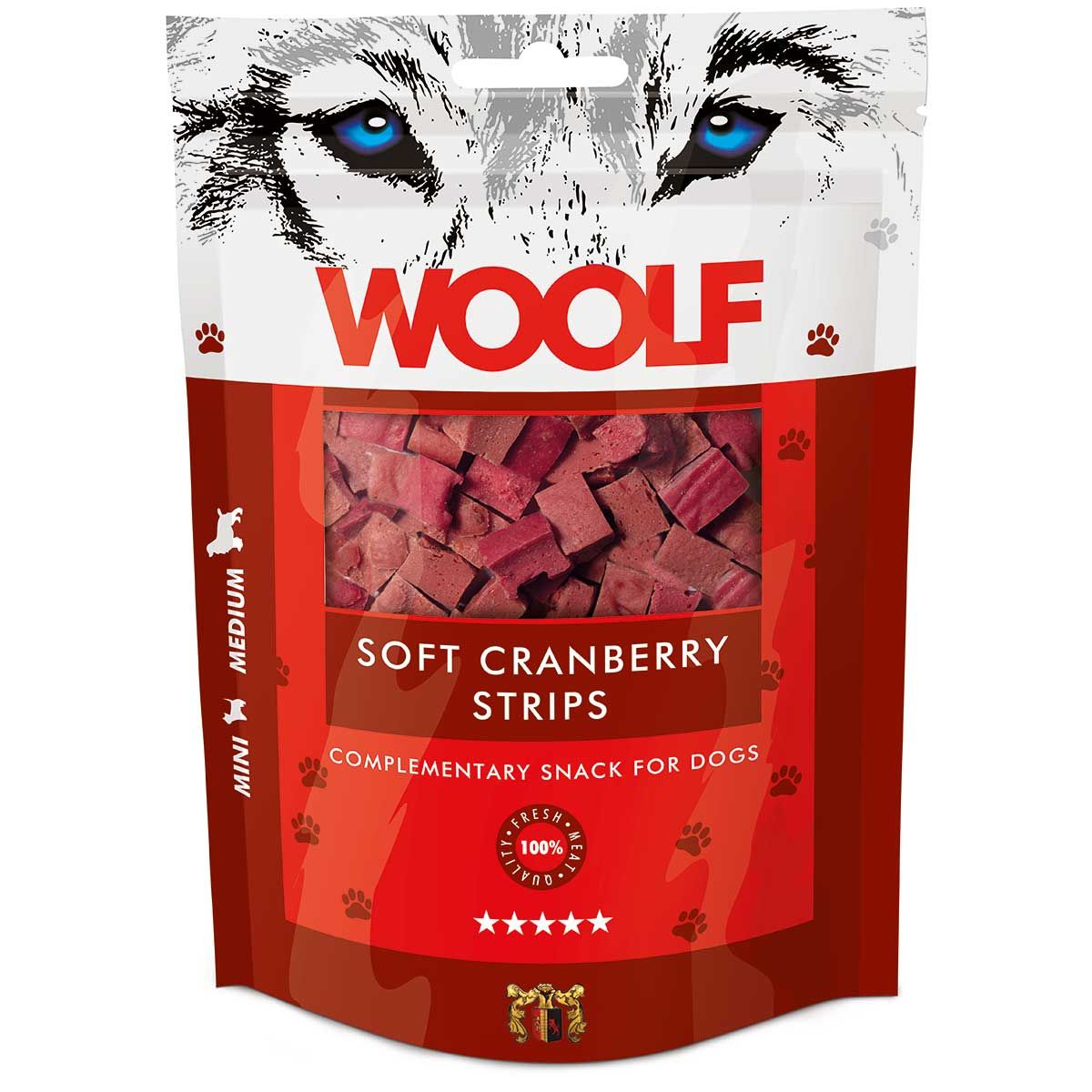 Woolf Dog Treats Soft Cranberry Strips, confezione