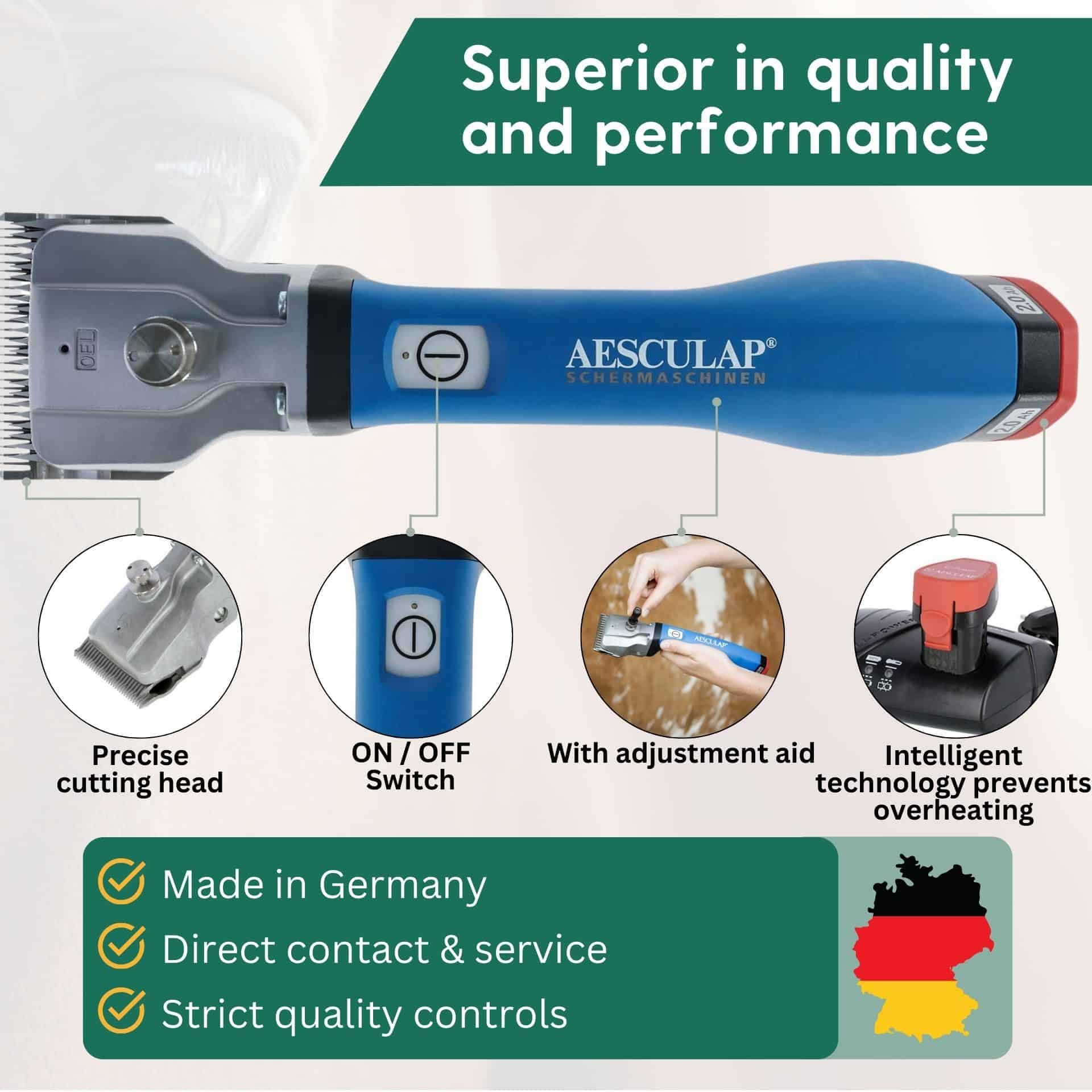 Aesculap Bonum Cordless Horse Clipper Blue, incl. TORQUI Adjustment Aid, infographic