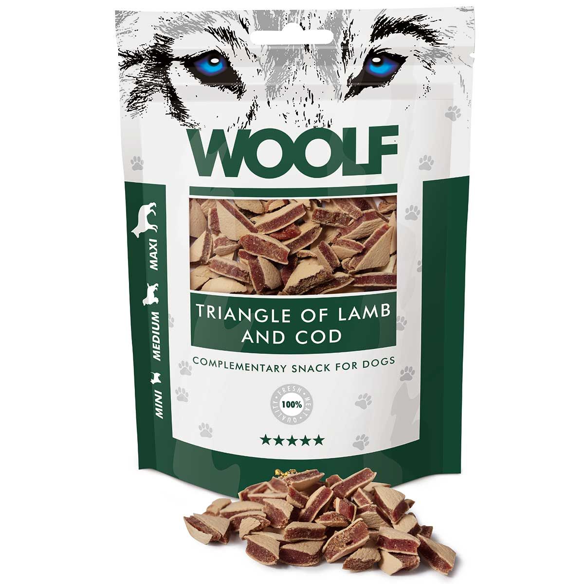Woolf Dog Treat Triangoli di agnello e merluzzo, confezione