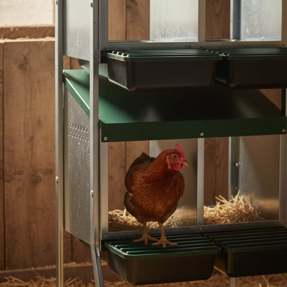 Agrarzone Pondoir à étages pour poules avec support double, en utilisation, à l'écurie