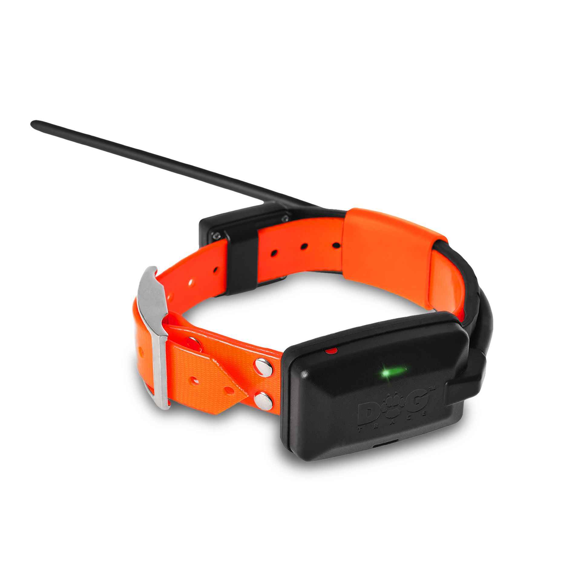 Orange halsband med svart GPS-sändare, antenn samt röd och grön indikatorlampa