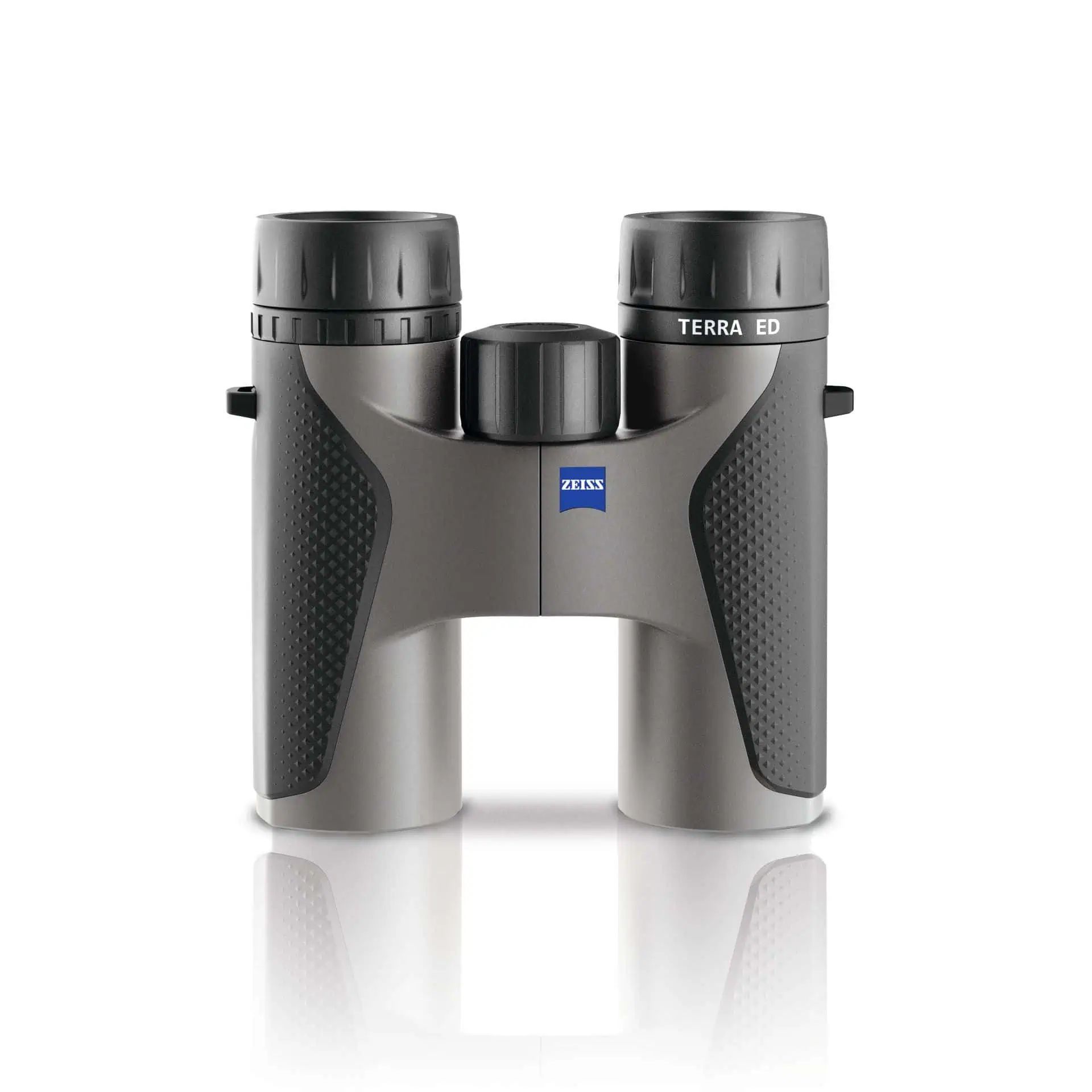 Binoclu gri Zeiss Terra ED, vedere din față cu oculare negre