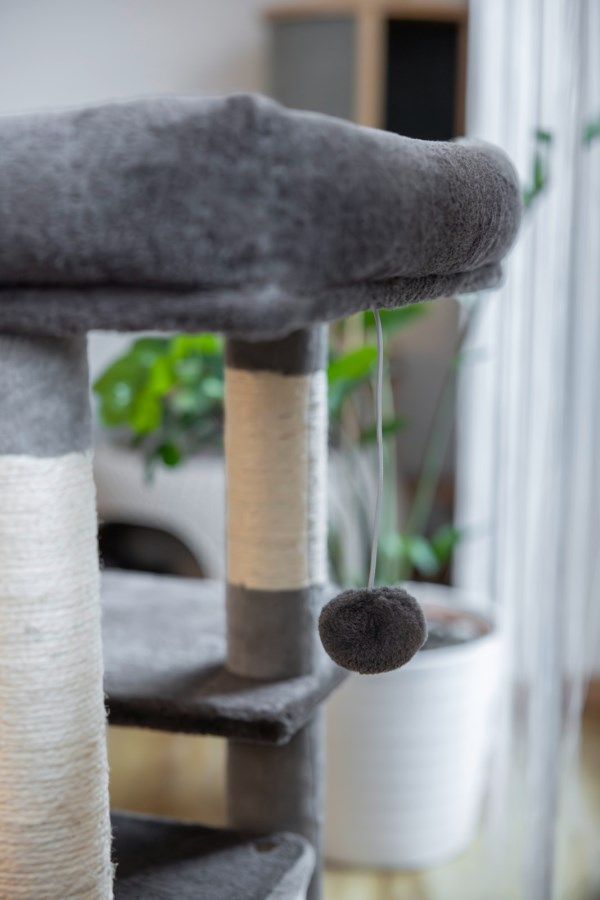 cat tower, scratching post, plush, gray, ball toy