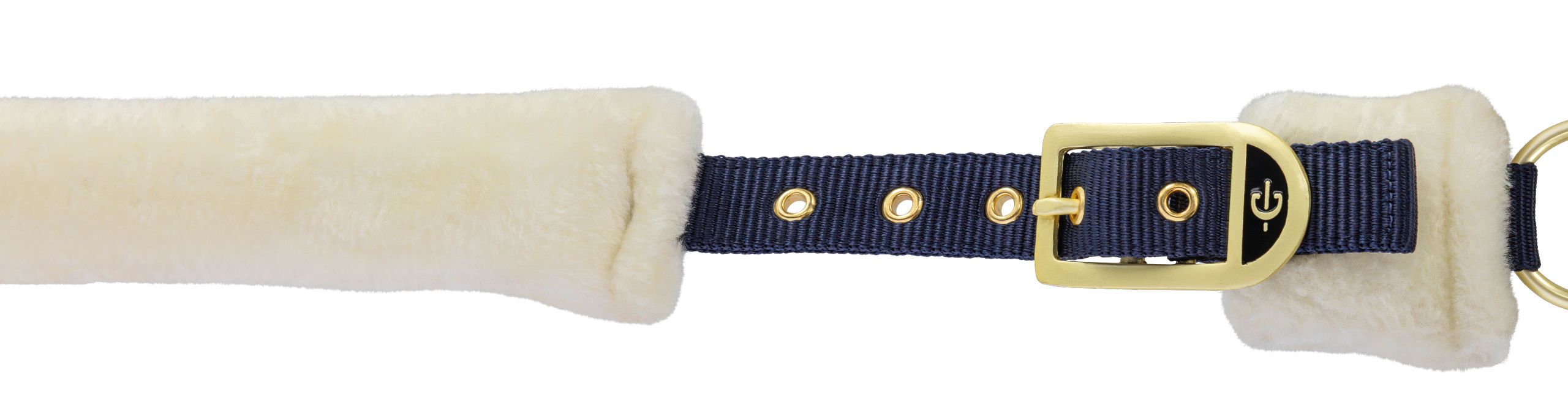 navy belt, tape, gold buckle, shearling ends, adjustable strap