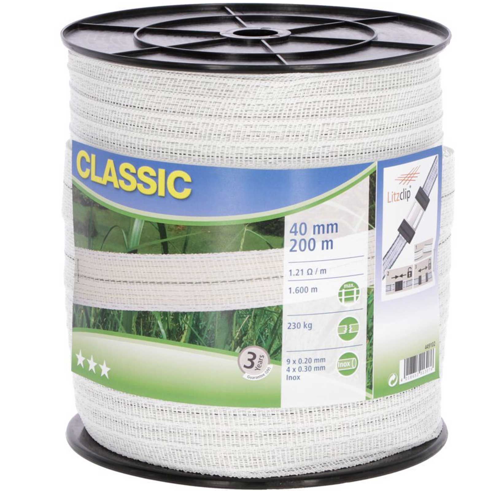 Ruban de clôture Classic 200m 40mm 9x0,20 + 4x0,30 acier inox blanc