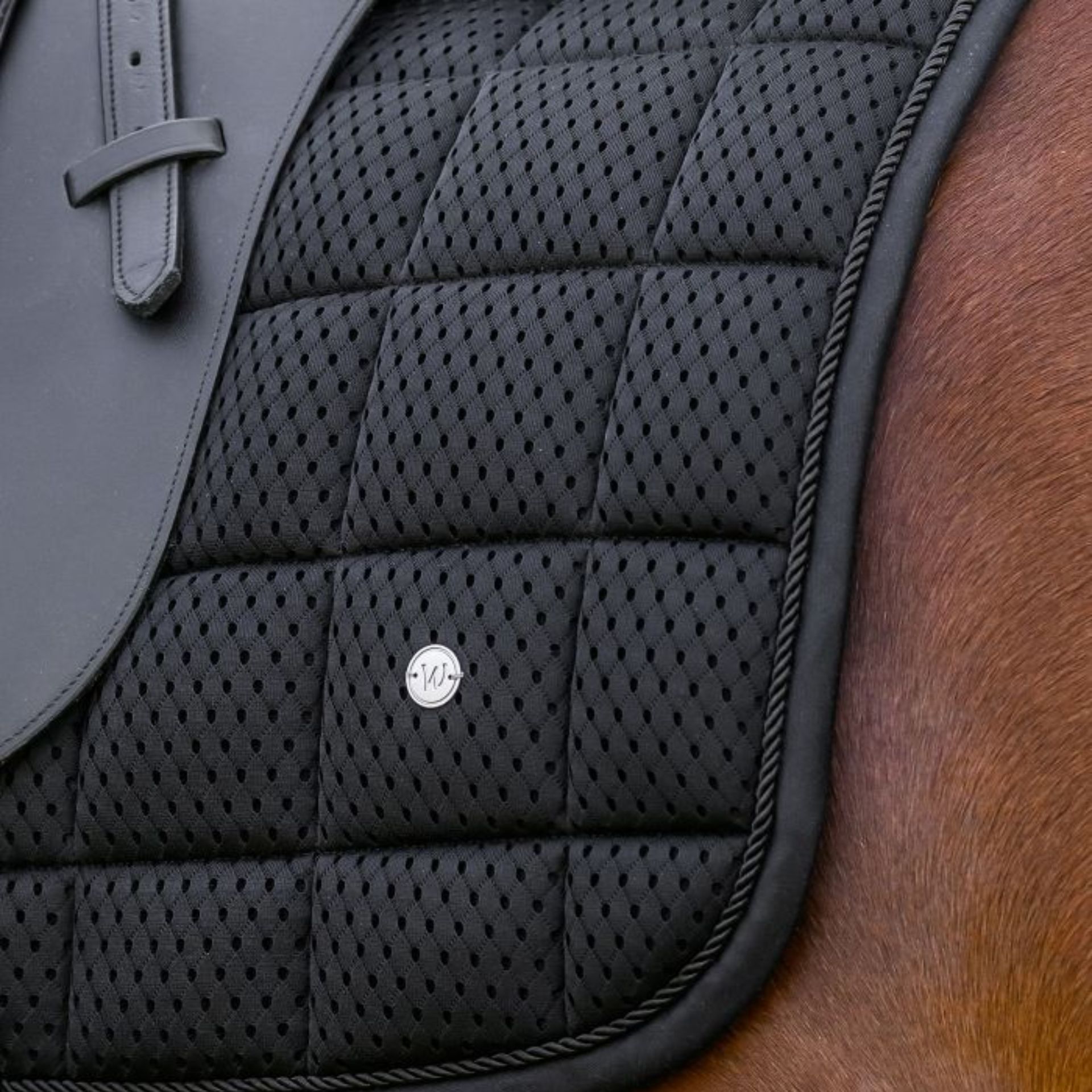 horse saddle, saddle pad, black quilted, perforated padding, metal badge