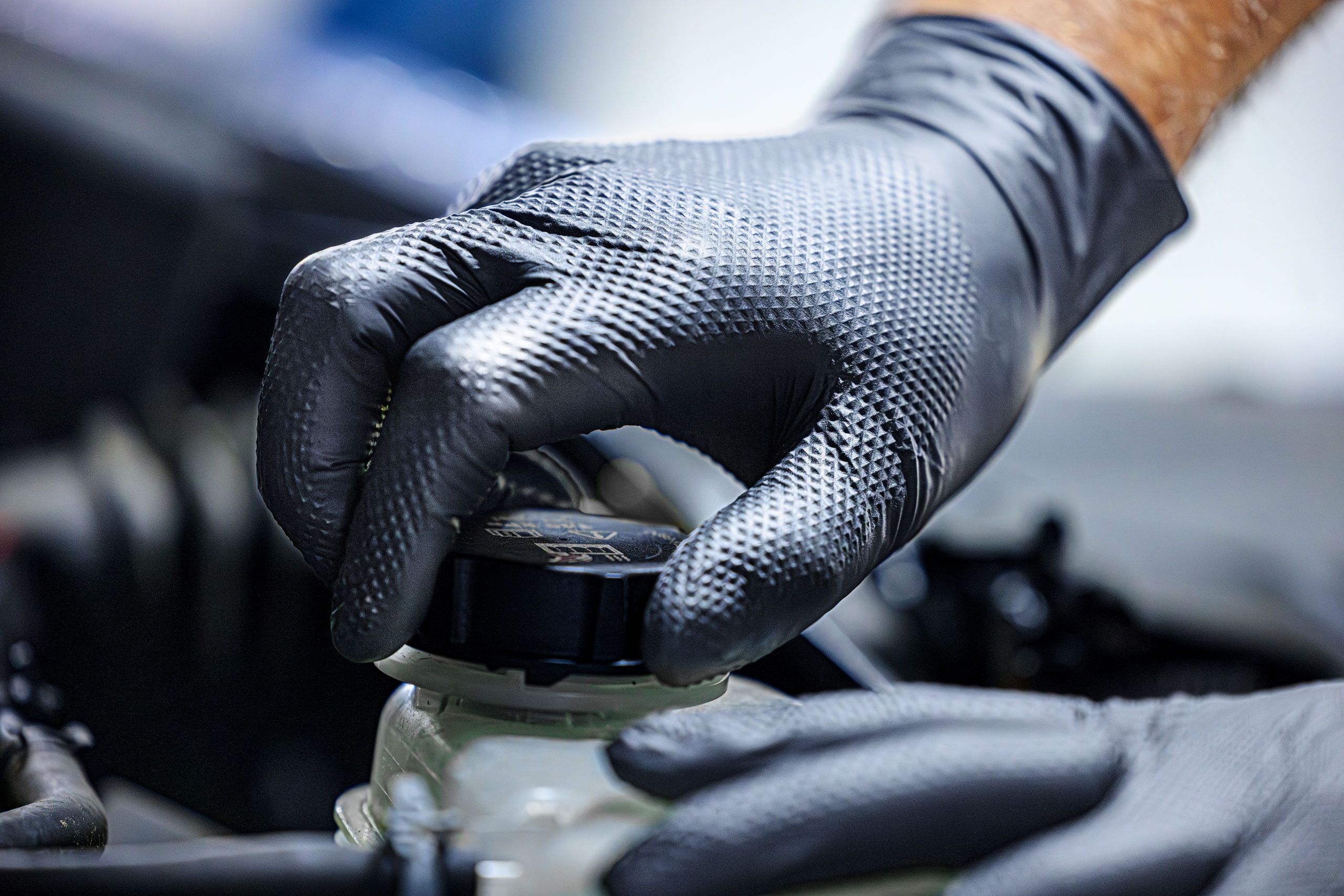 gloved hand, car maintenance, oil cap, work glove, engine bay